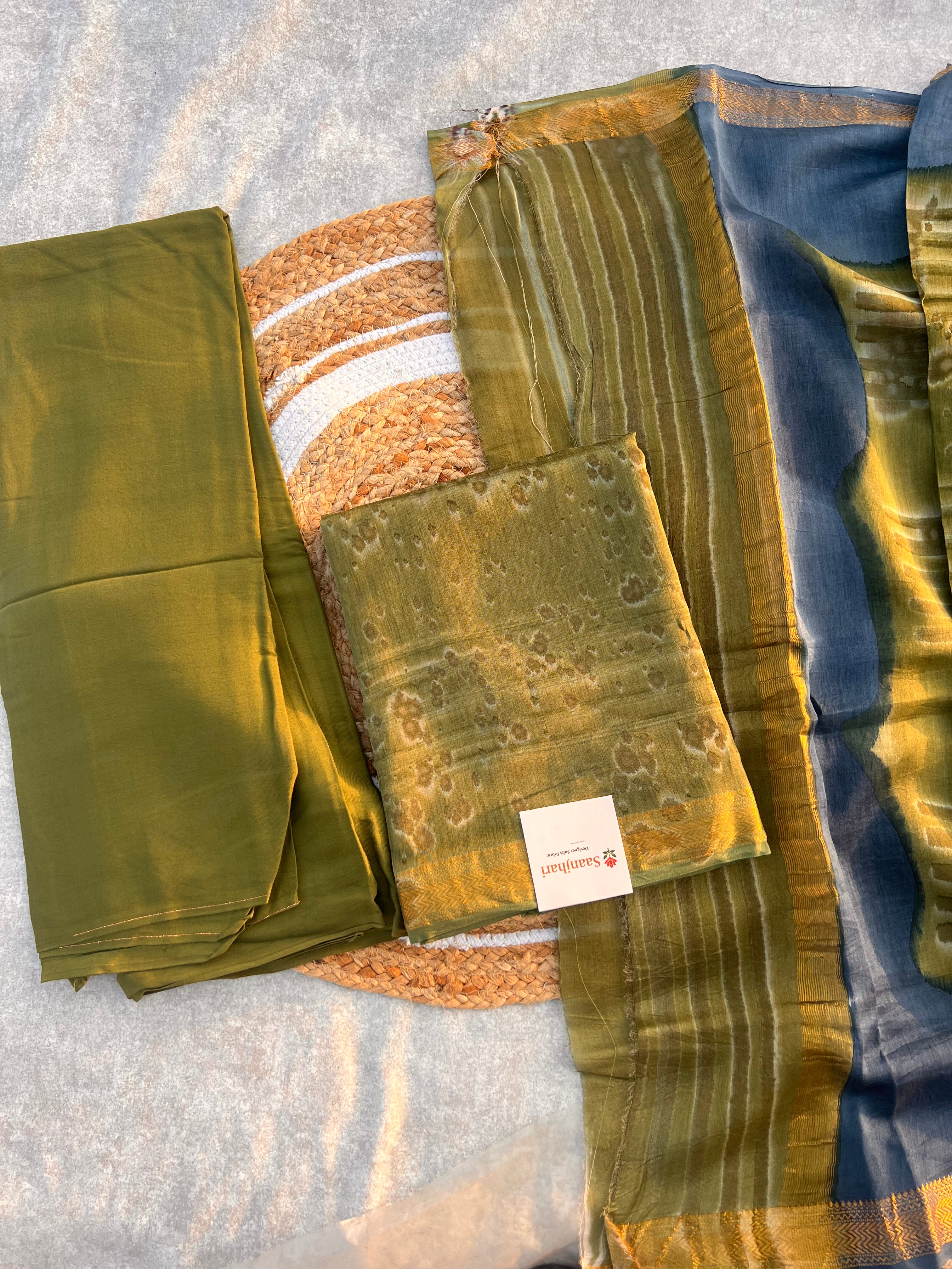 Pure Maheshwari Silk Dress Material – Unstitched Suit Set in Olive Green & Blue Shades
