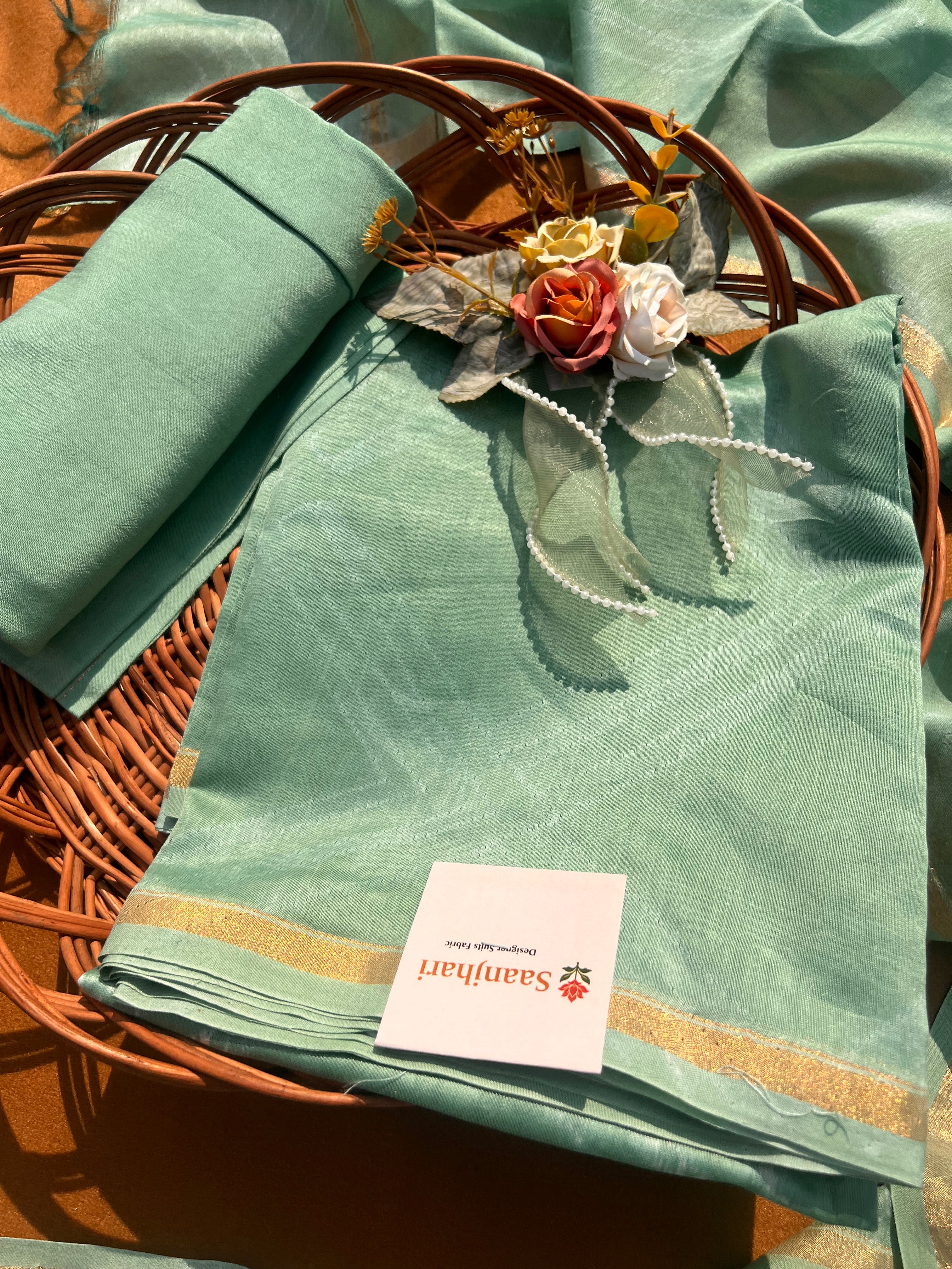 Mint Green 3-Piece Ensemble with Zari Border Dupatta