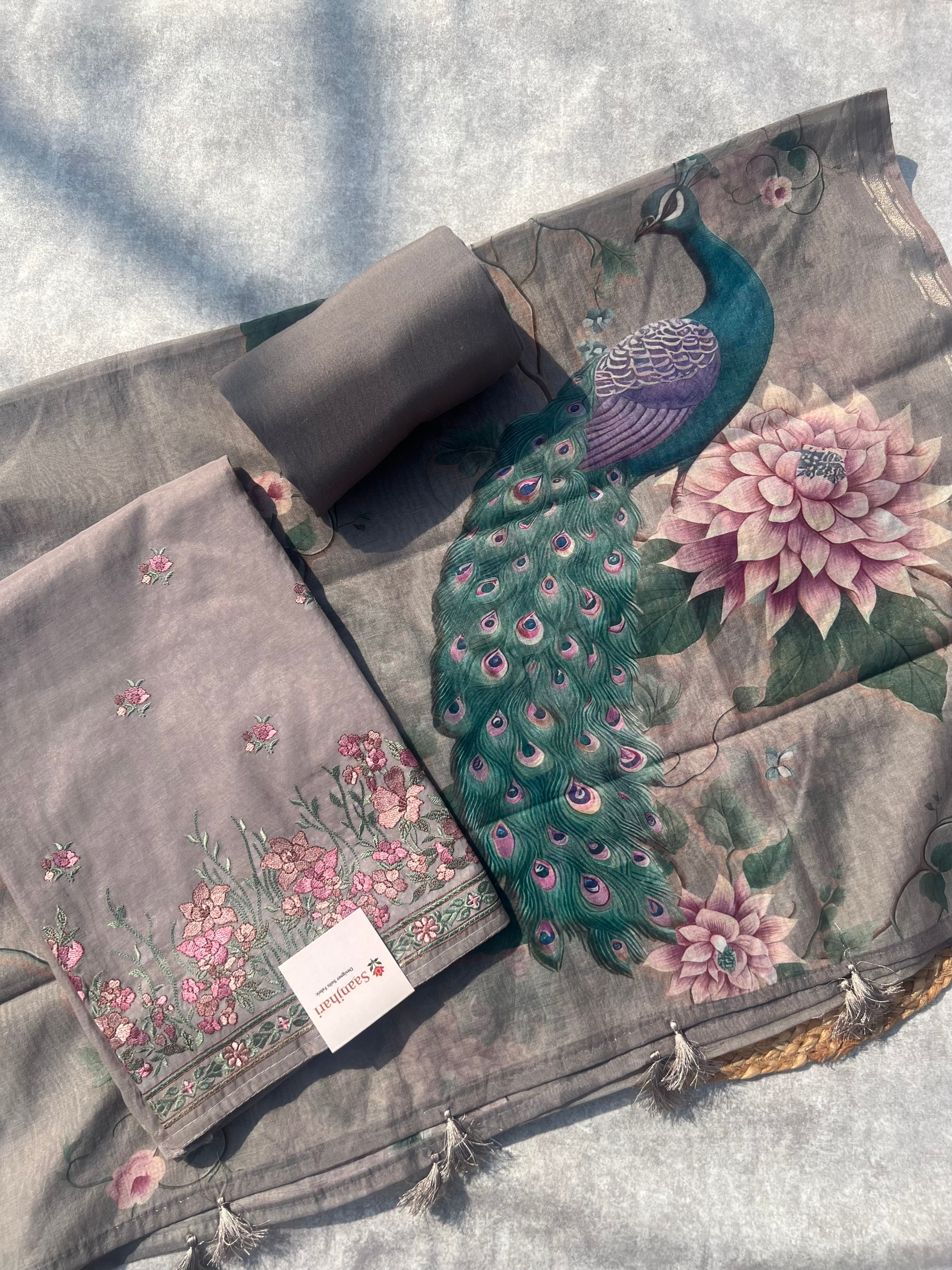 Premium Chanderi Silk Unstitched Suit Set – Soft Floral Print Fabric for Festive Wear