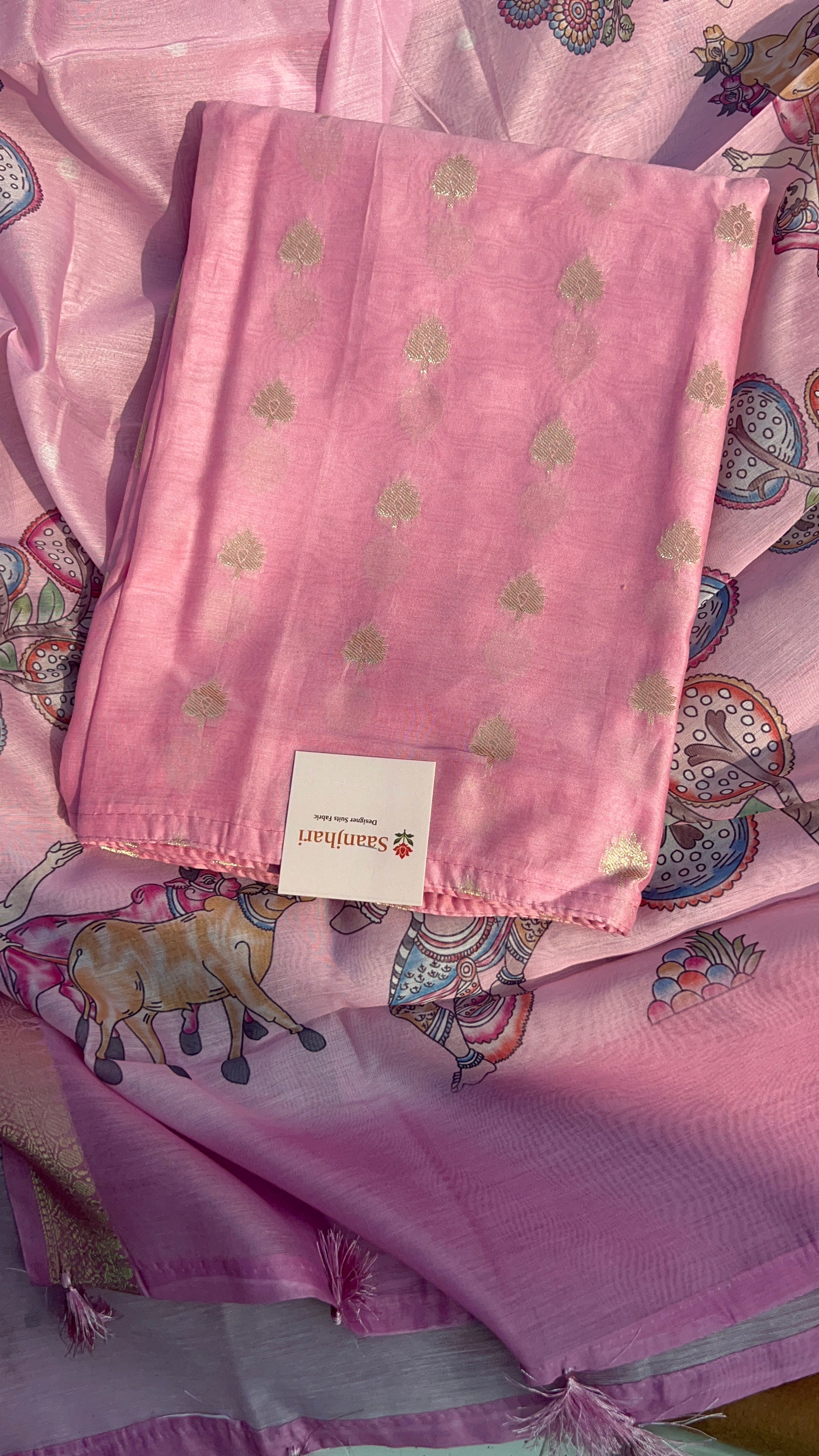 Elegant Pink Chanderi Banarasi Silk Suit Set – Handwoven Zari Motifs & Printed Dupatta