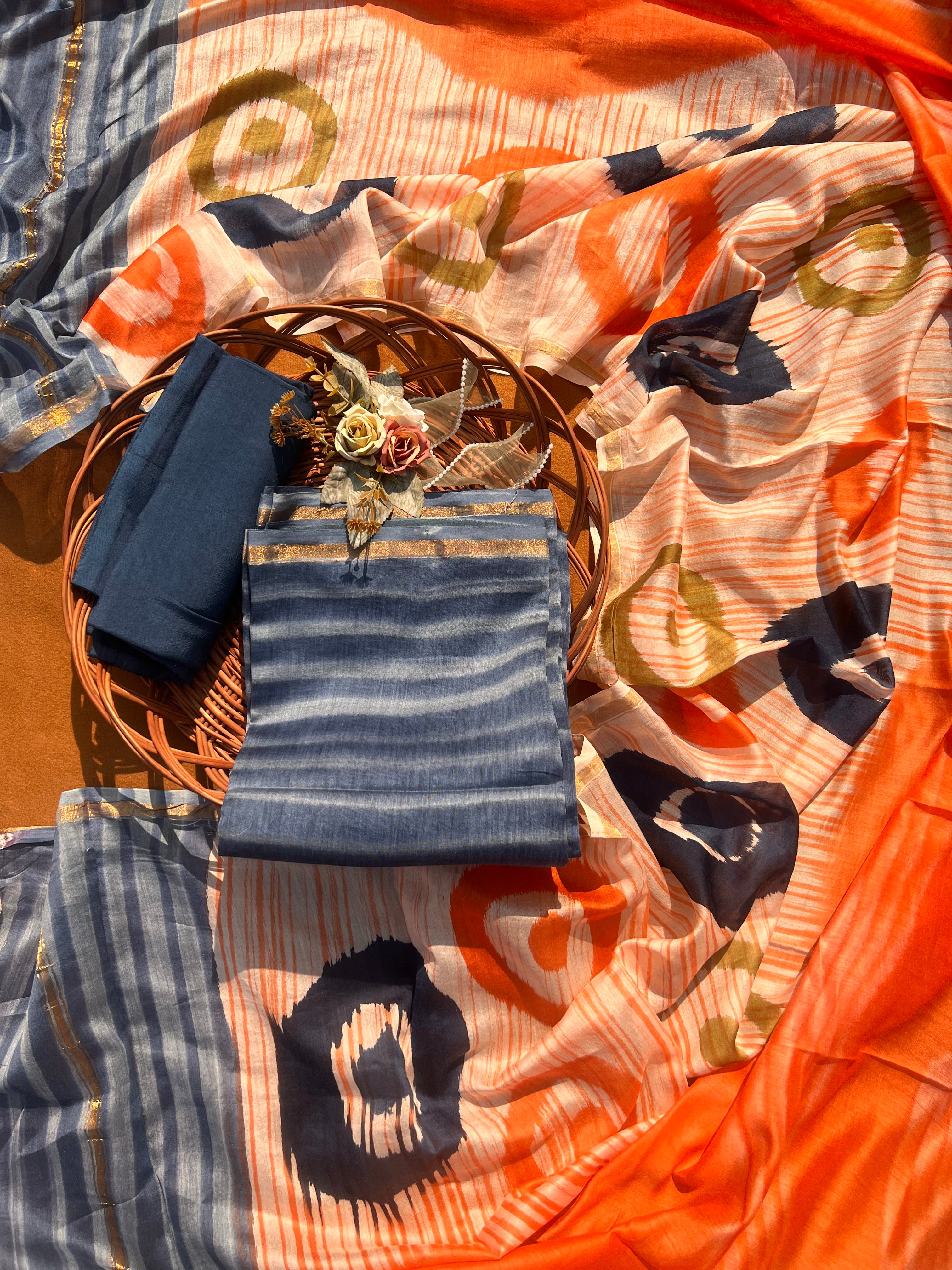 Chanderi Silk Unstitched Suit Set – Blue & Orange 3-Piece Ensemble with Abstract Printed Dupatta