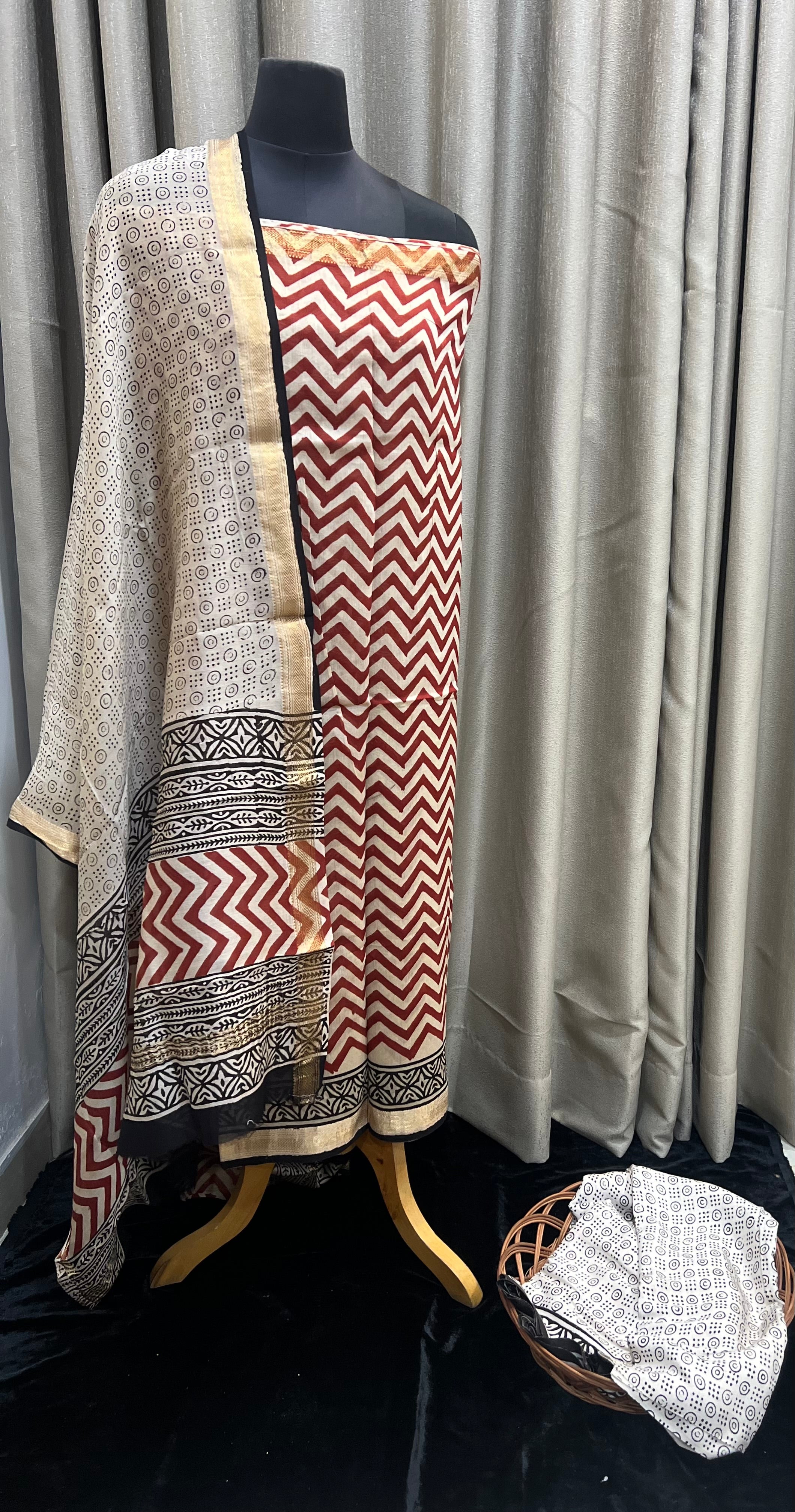 Maheshwari Silk Unstitched Suit Set with Chevron & Block Print – Festive Ethnic Wear