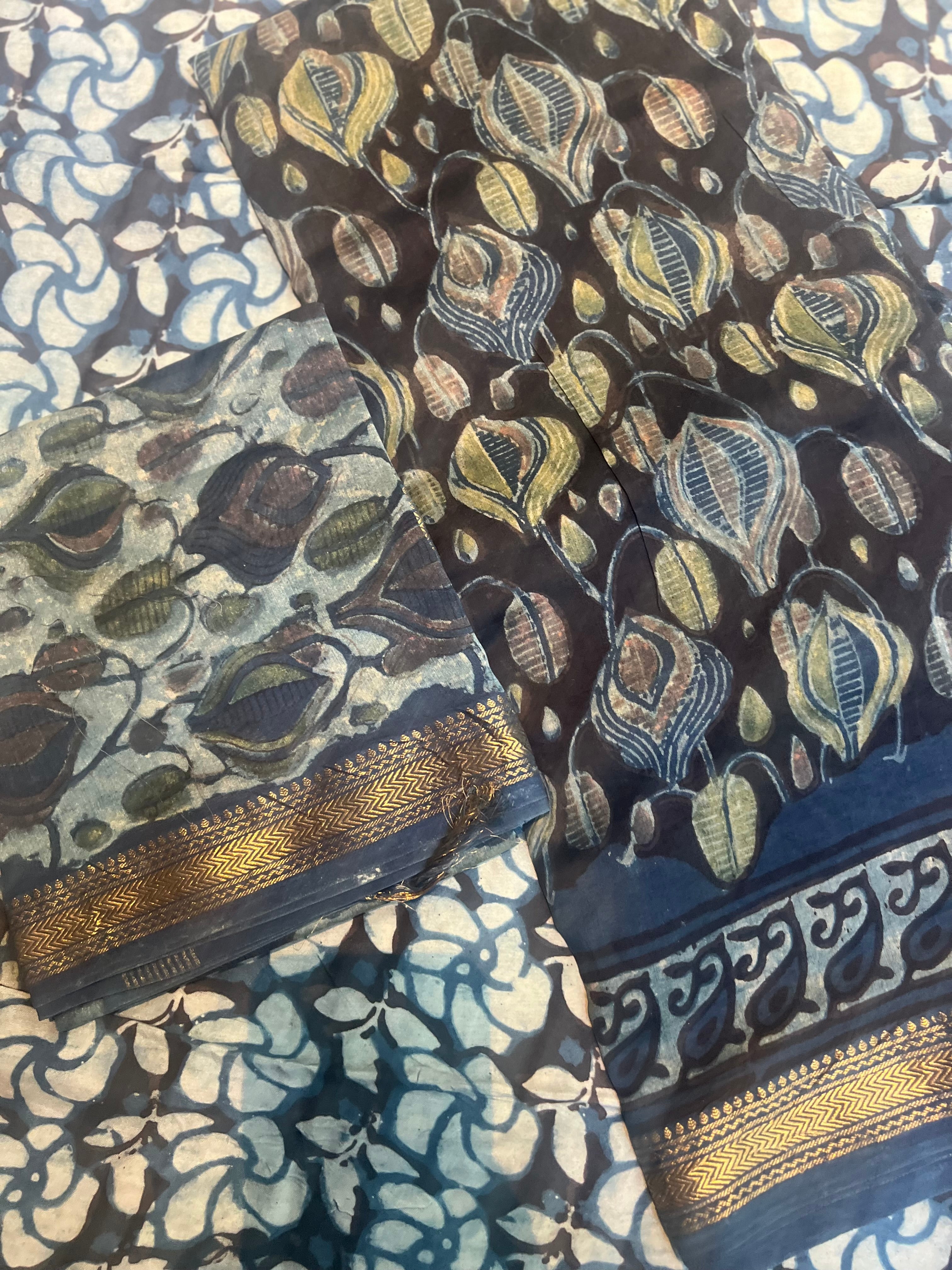 Premium Maheshwari Silk Suit Set with Hand Block Ajrakh Print & Zari Border