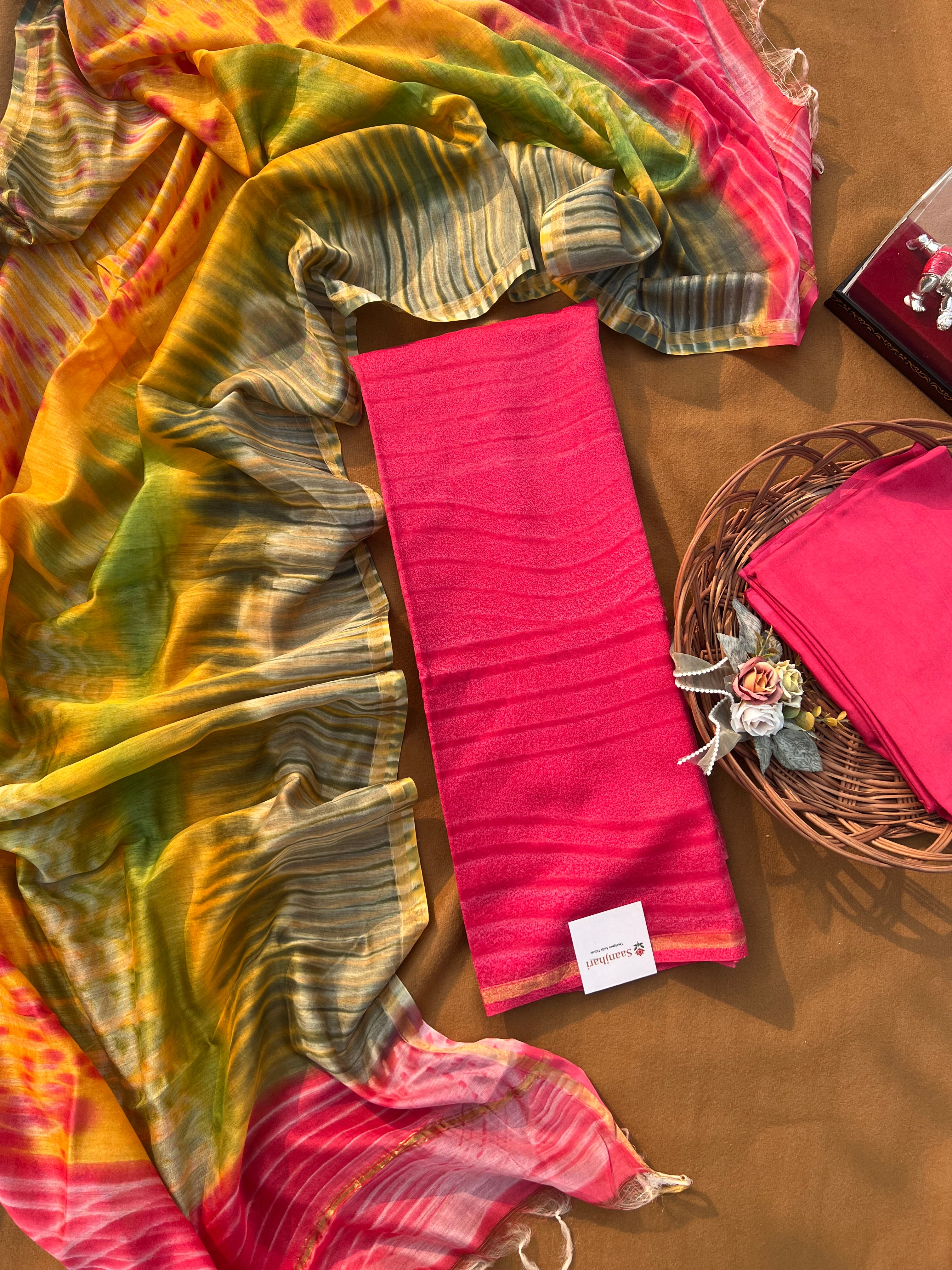 Handcrafted Chanderi Silk Dress Material – Pink & Yellow Tie-Dye Suit with Pure Chanderi Dupatta