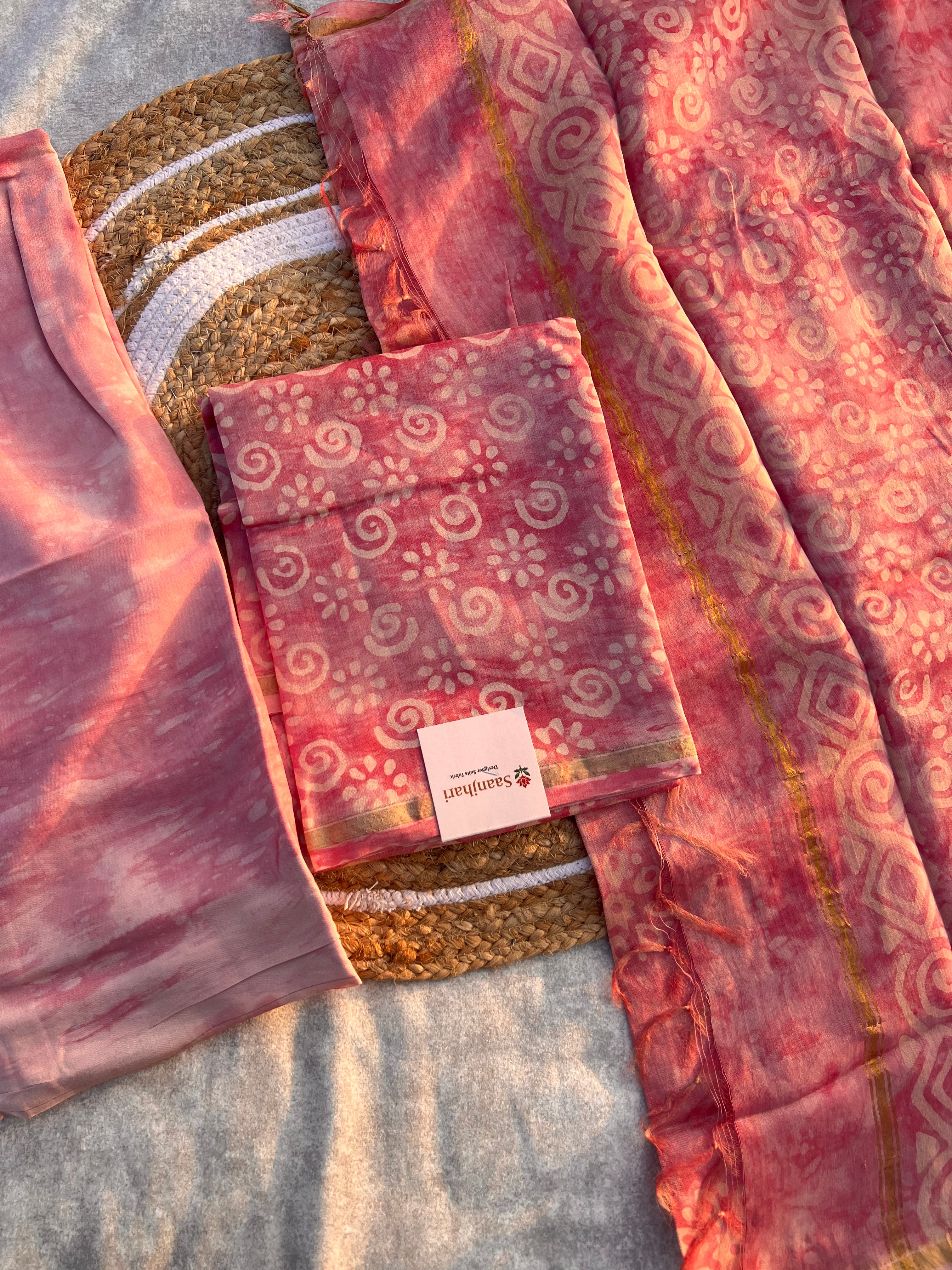 Pure Chanderi Silk Unstitched Suit Set – Soft Batik Print Fabric for Ethnic Occasions