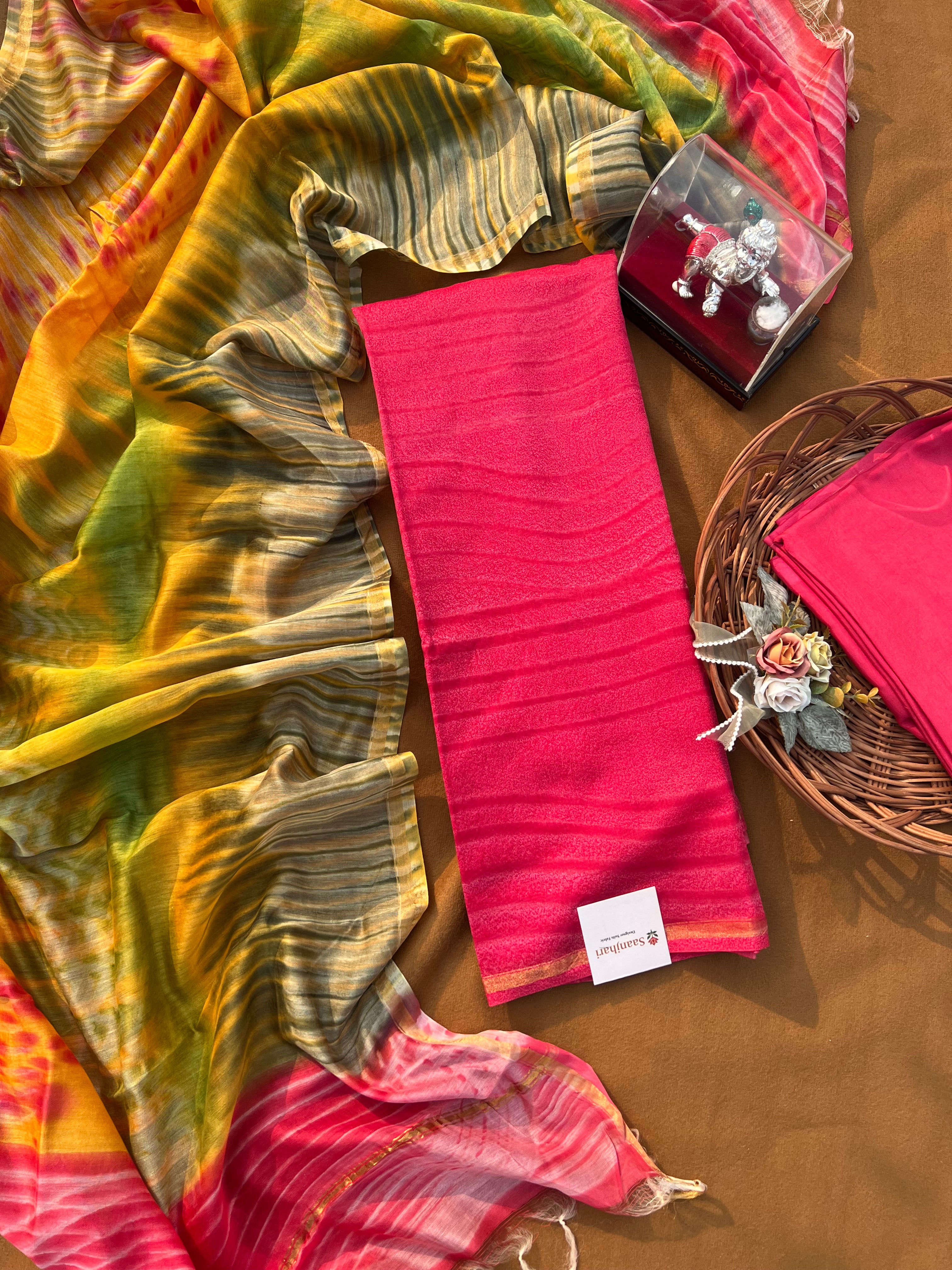 Handcrafted Chanderi Silk Dress Material – Pink & Yellow Tie-Dye Suit with Pure Chanderi Dupatta