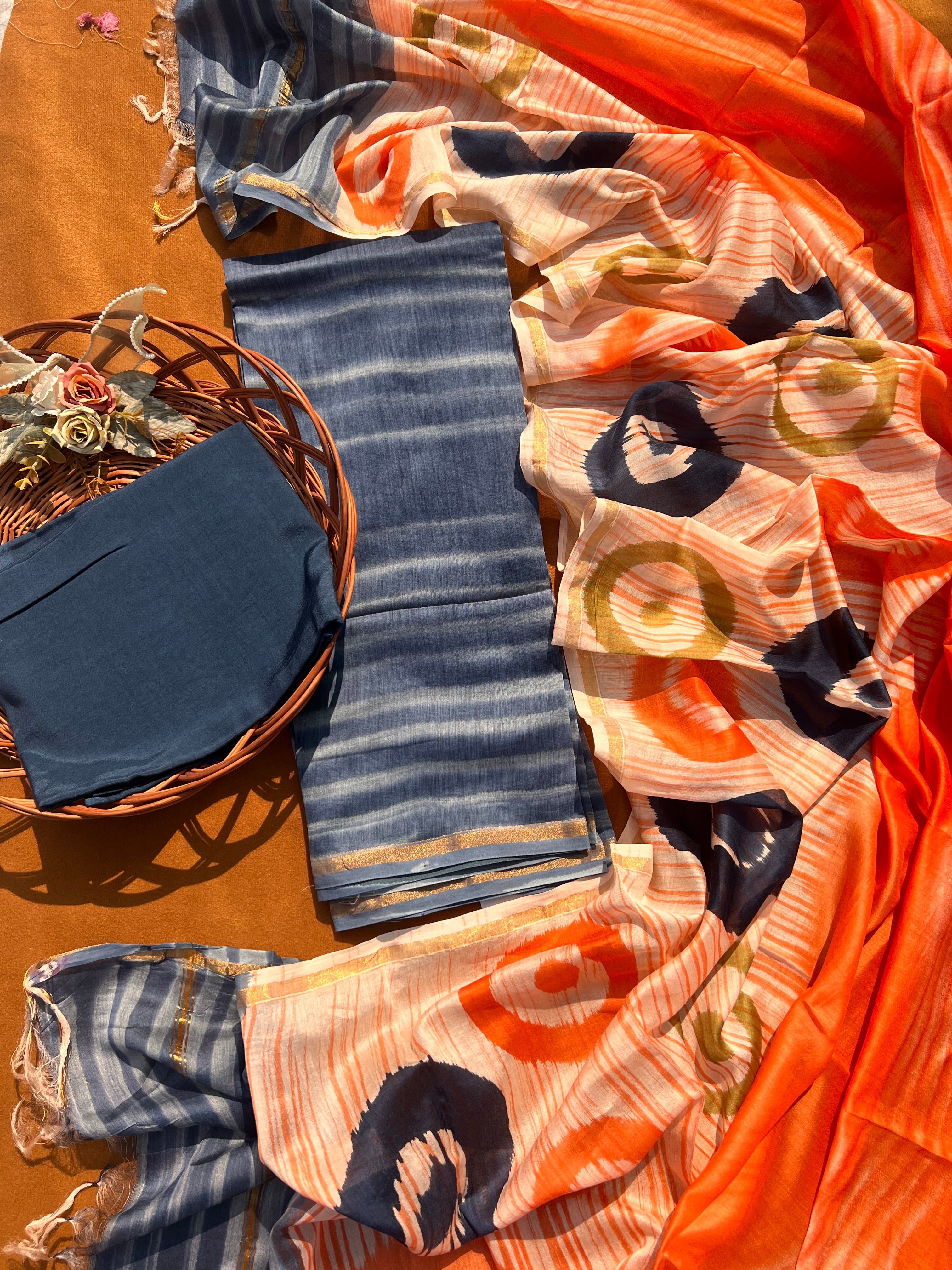 Chanderi Silk Unstitched Suit Set – Blue & Orange 3-Piece Ensemble with Abstract Printed Dupatta