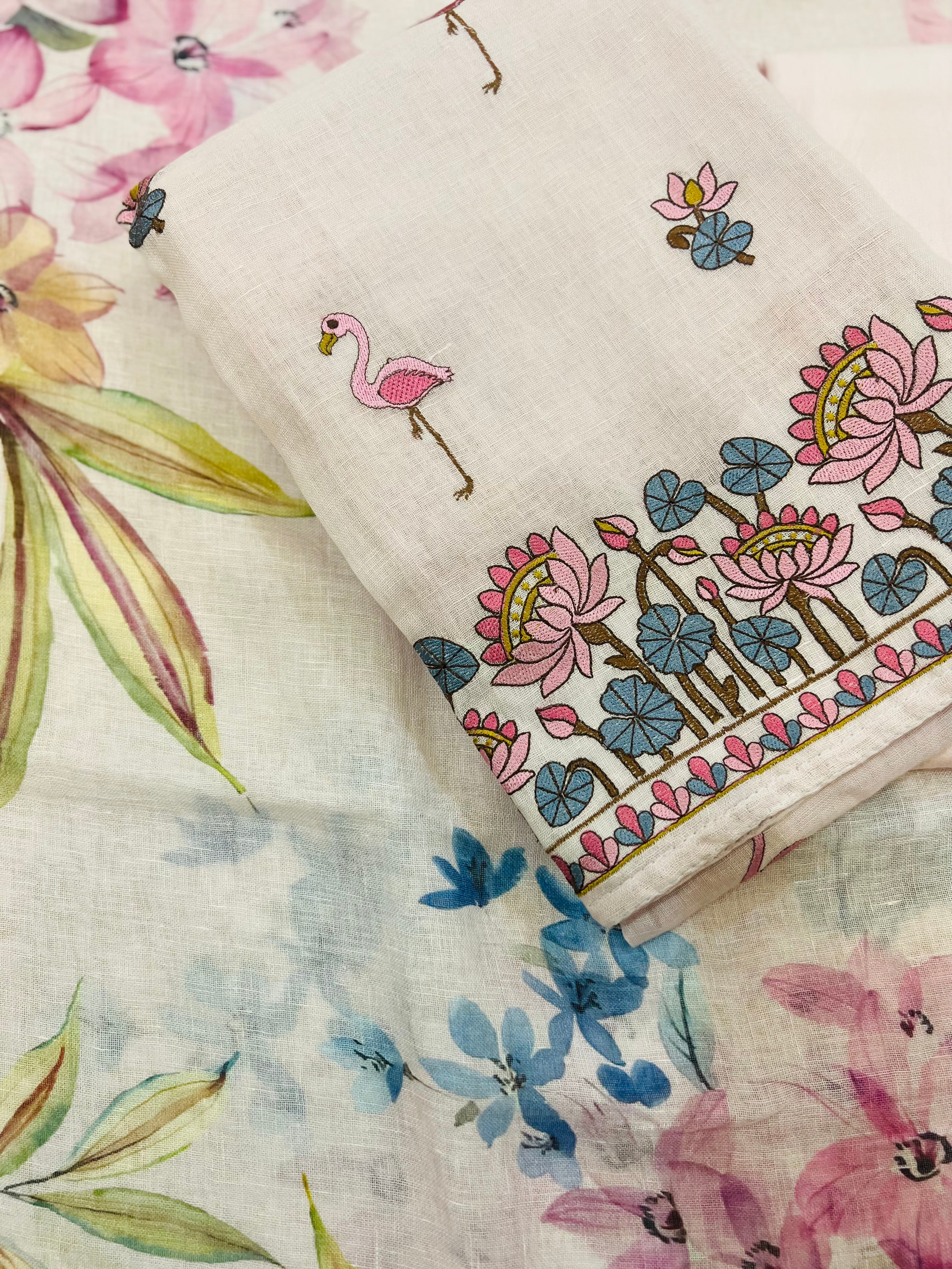 Linen Cotton Embroidered Unstitched Suit – Elegant Floral & Bird Design