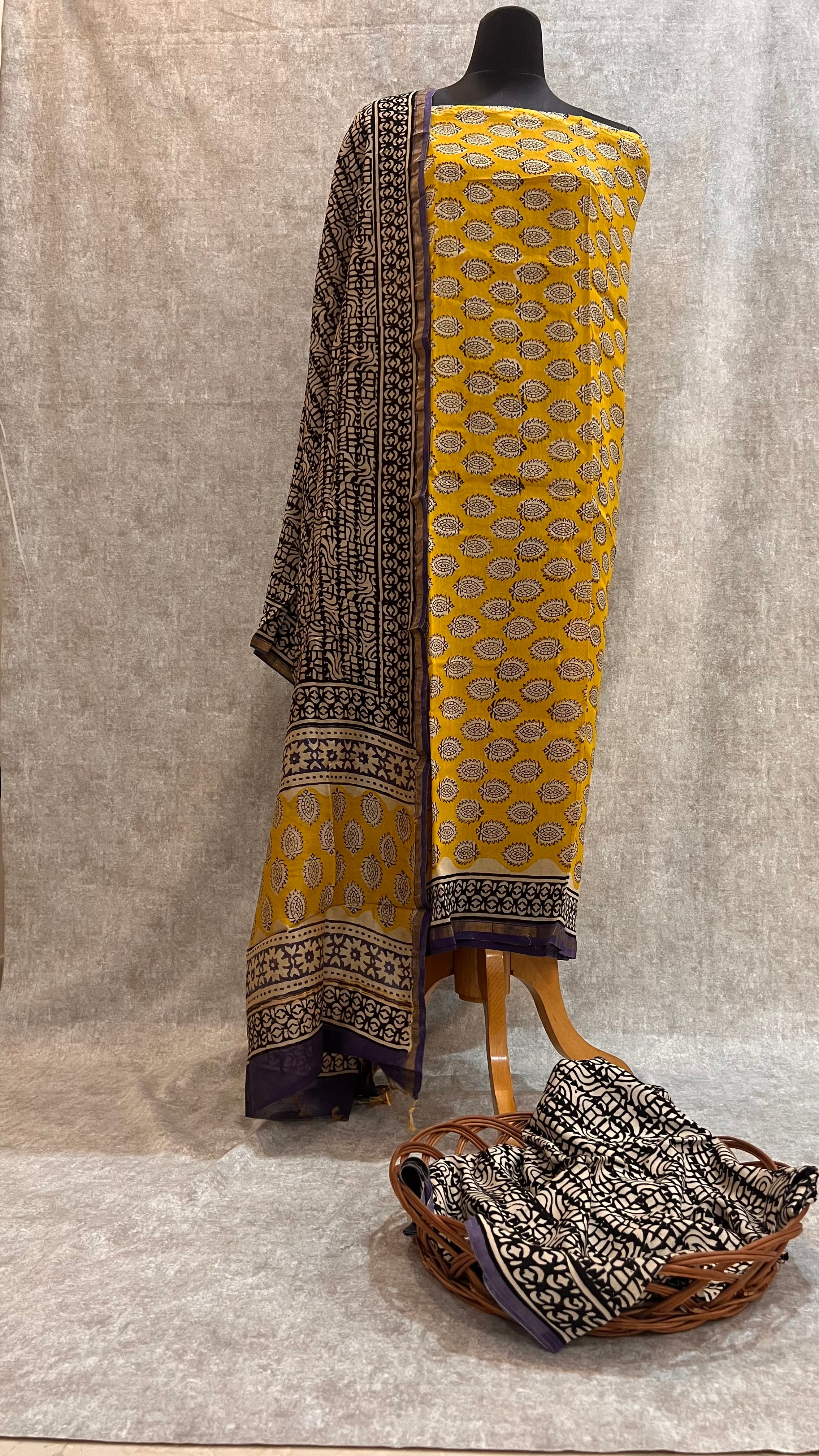Chanderi Silk Unstitched Suit Set with Mustard & Black Block Print – Festive Ethnic Wear