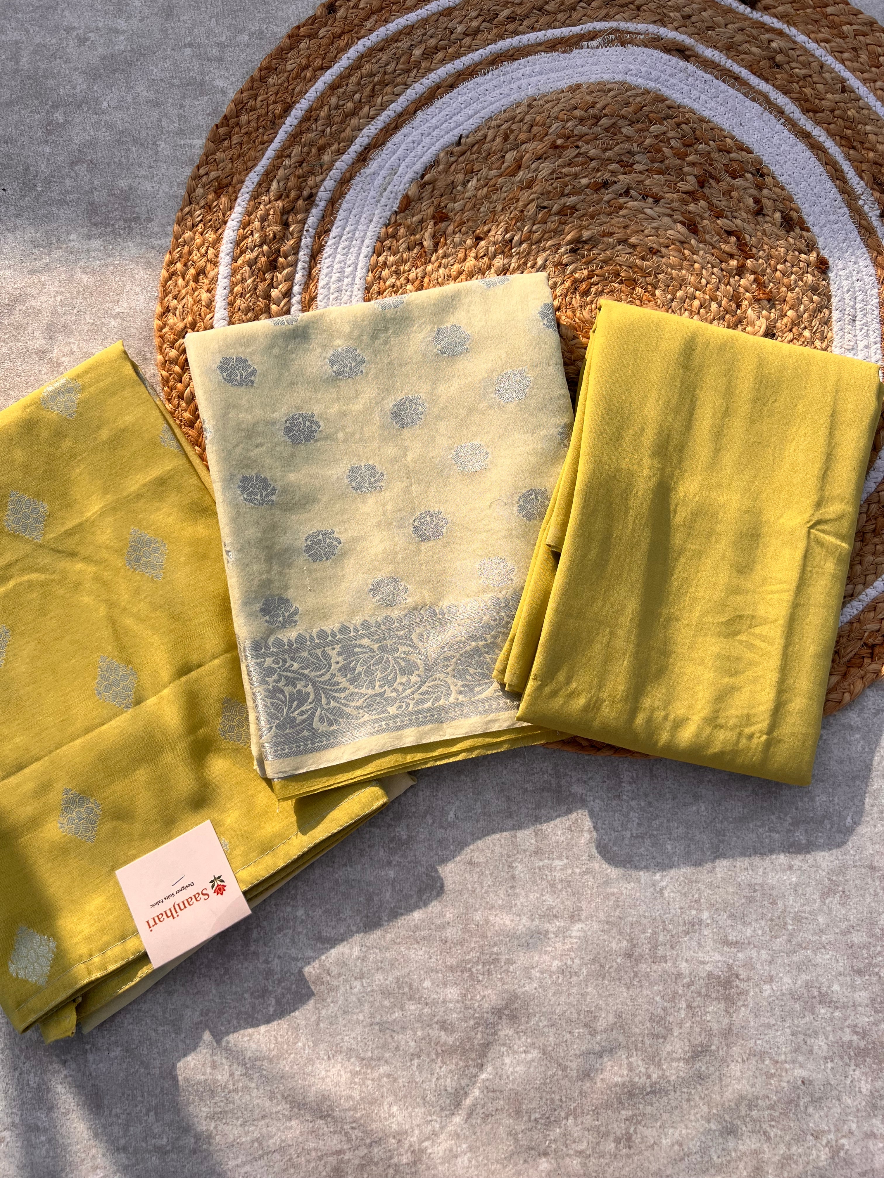 Banarasi Silk Unstitched Suit Set with Zari Dupatta – Elegant Festive Wear for Women