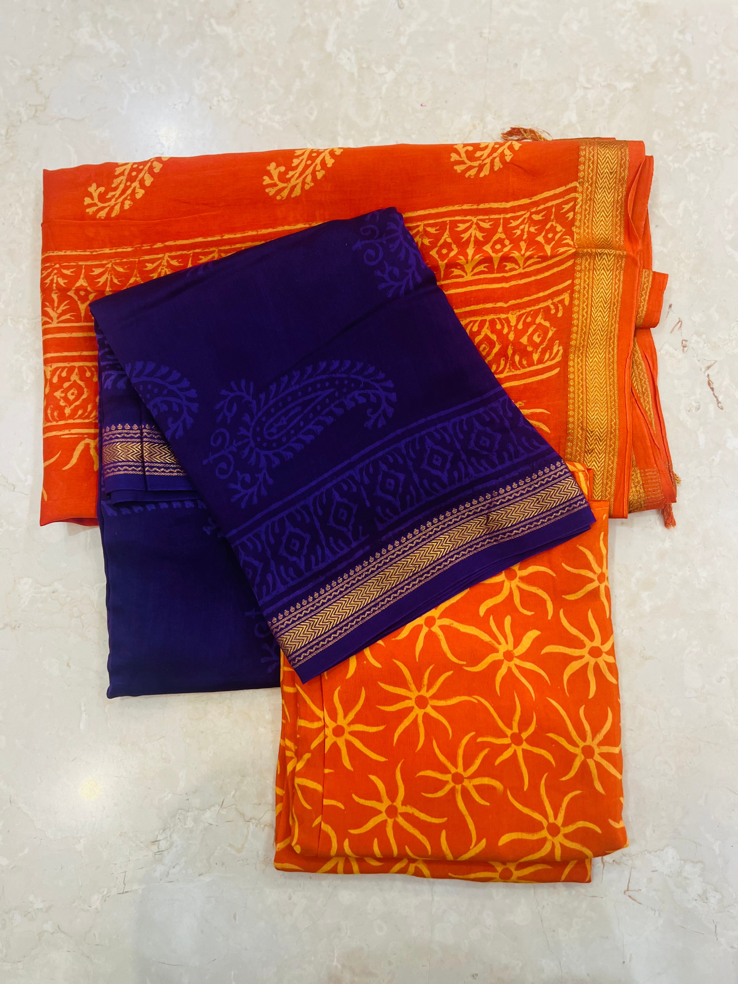Royal Blue Maheshwari Silk Dupatta with Orange Handblock Print Suit Material