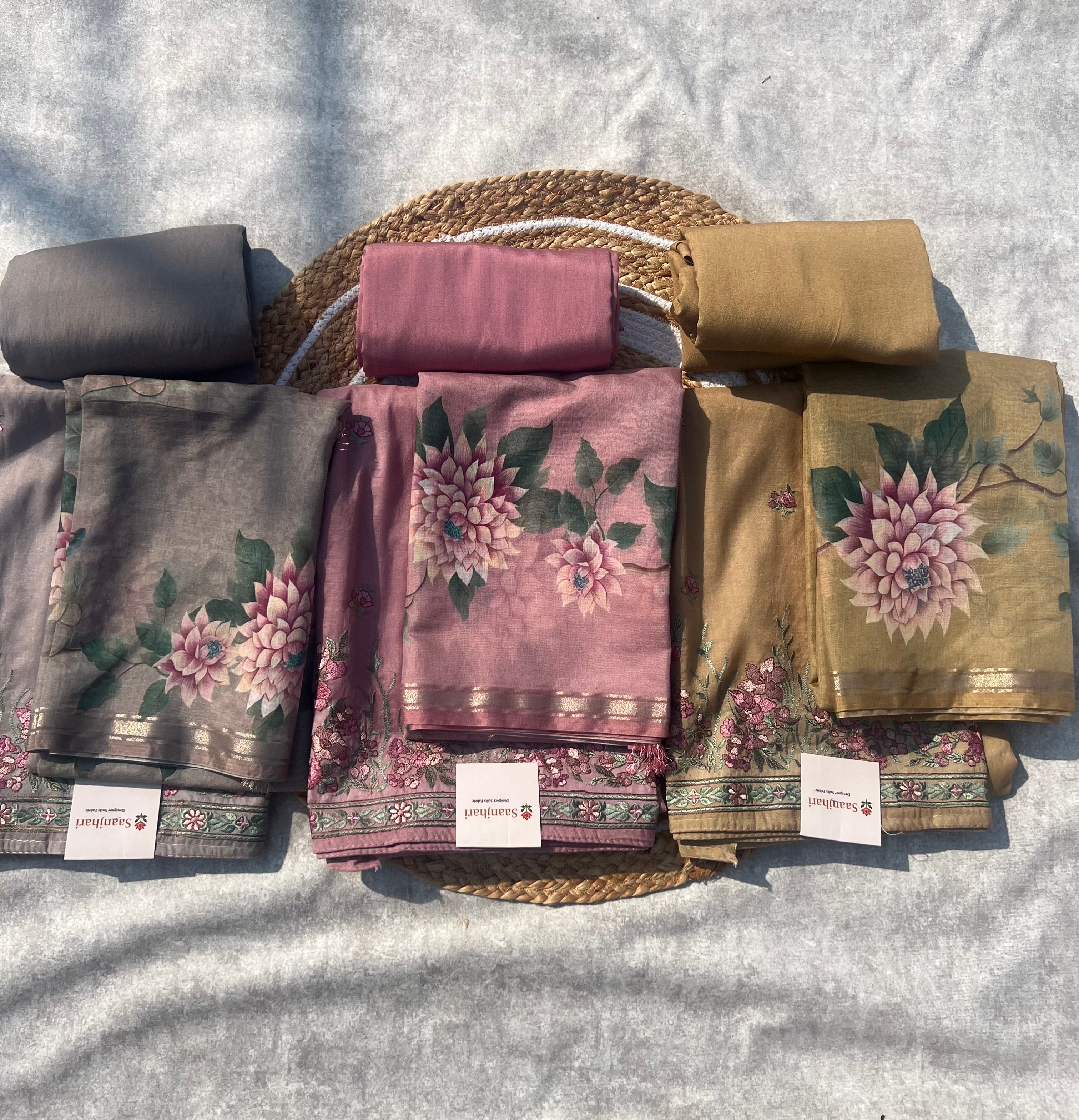 Premium Chanderi Silk Unstitched Suit Set – Soft Floral Print Fabric for Festive Wear