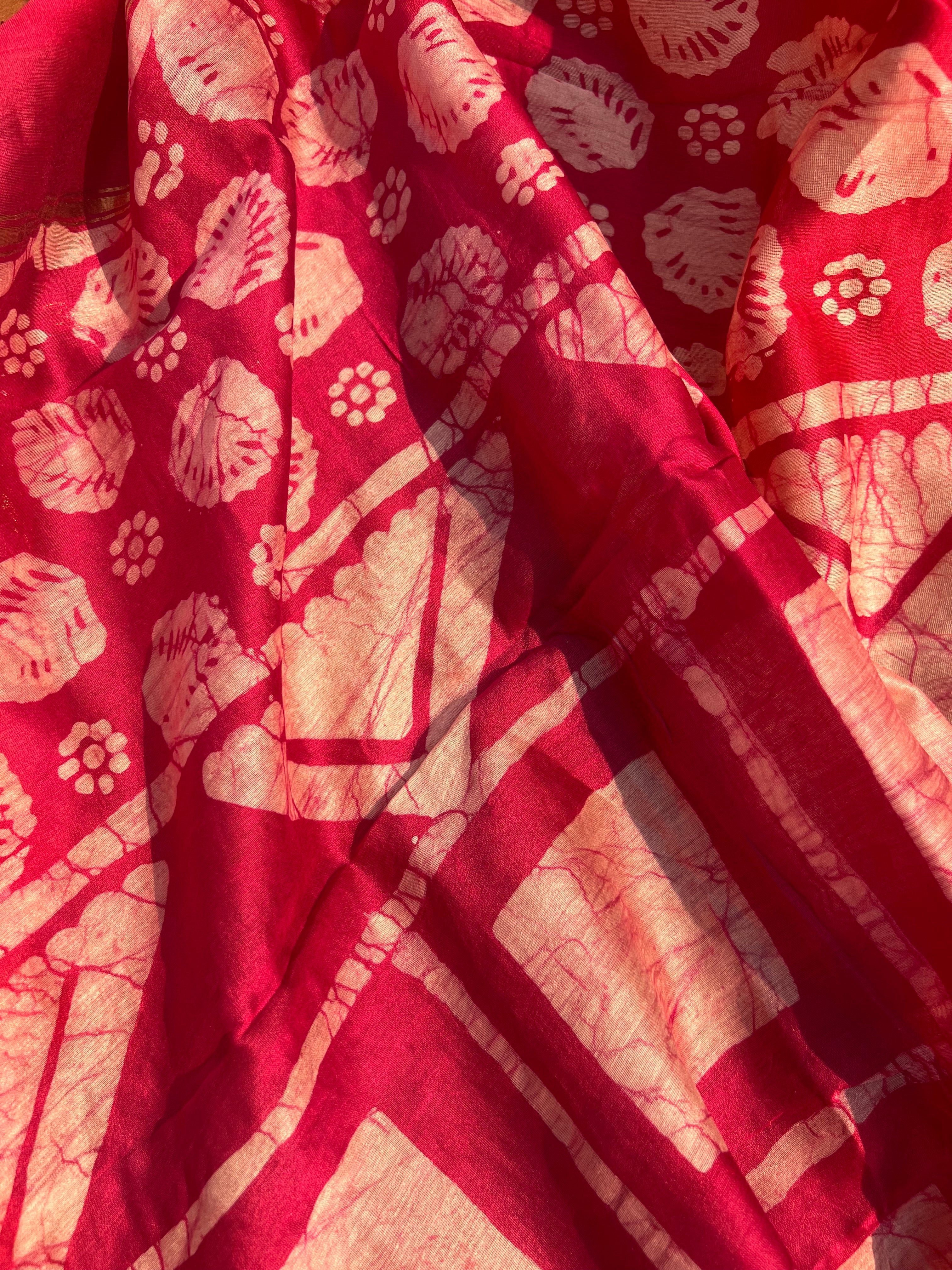 Chanderi Silk Unstitched Suit Set – Red 3-Piece Ensemble with Handcrafted Print & Zari Border Dupatta