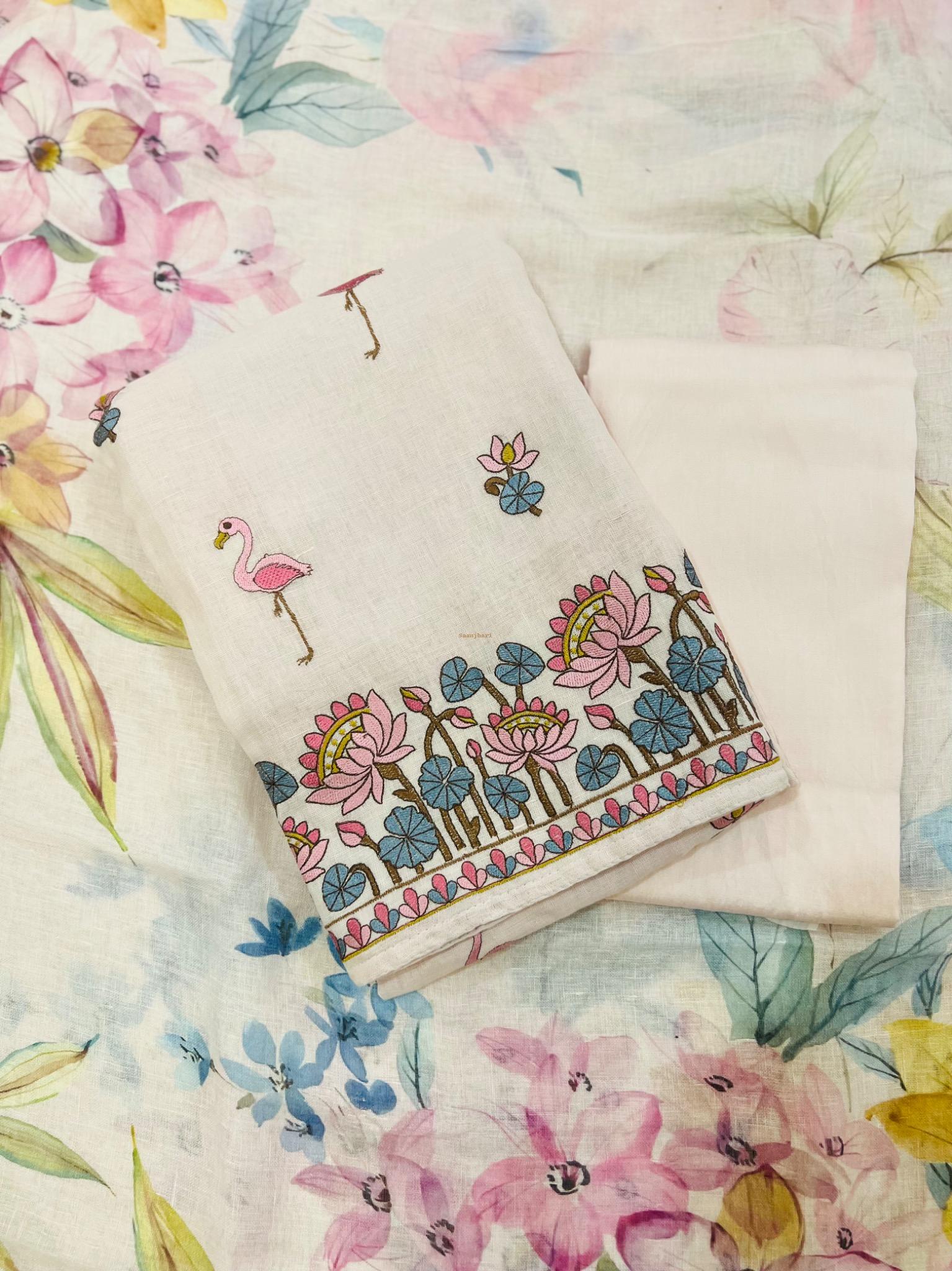 Linen Cotton Embroidered Unstitched Suit – Elegant Floral & Bird Design