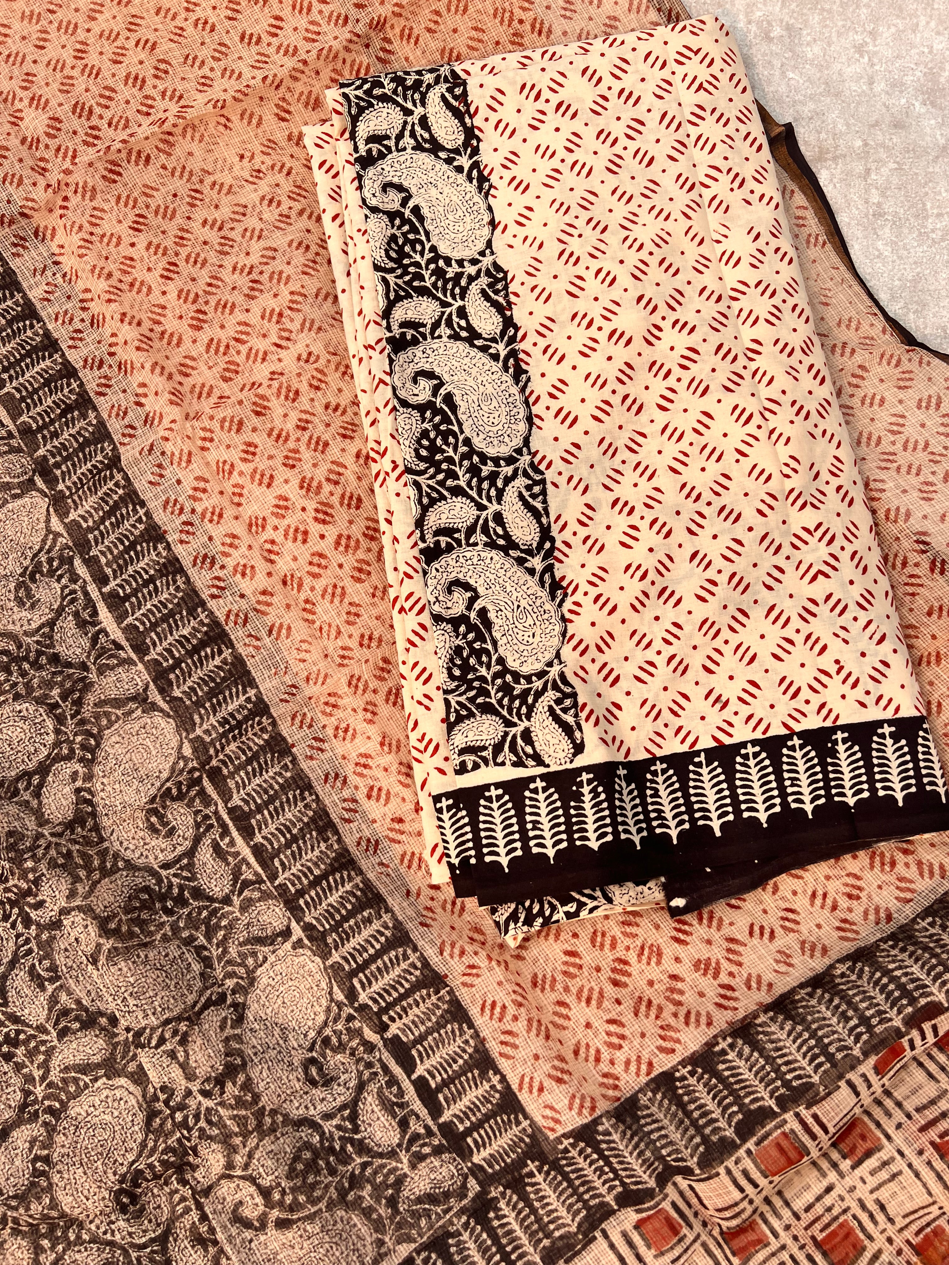 Pure Cotton Hand Block Print Unstitched Suit – Kota Doria Dupatta & Paisley Motifs