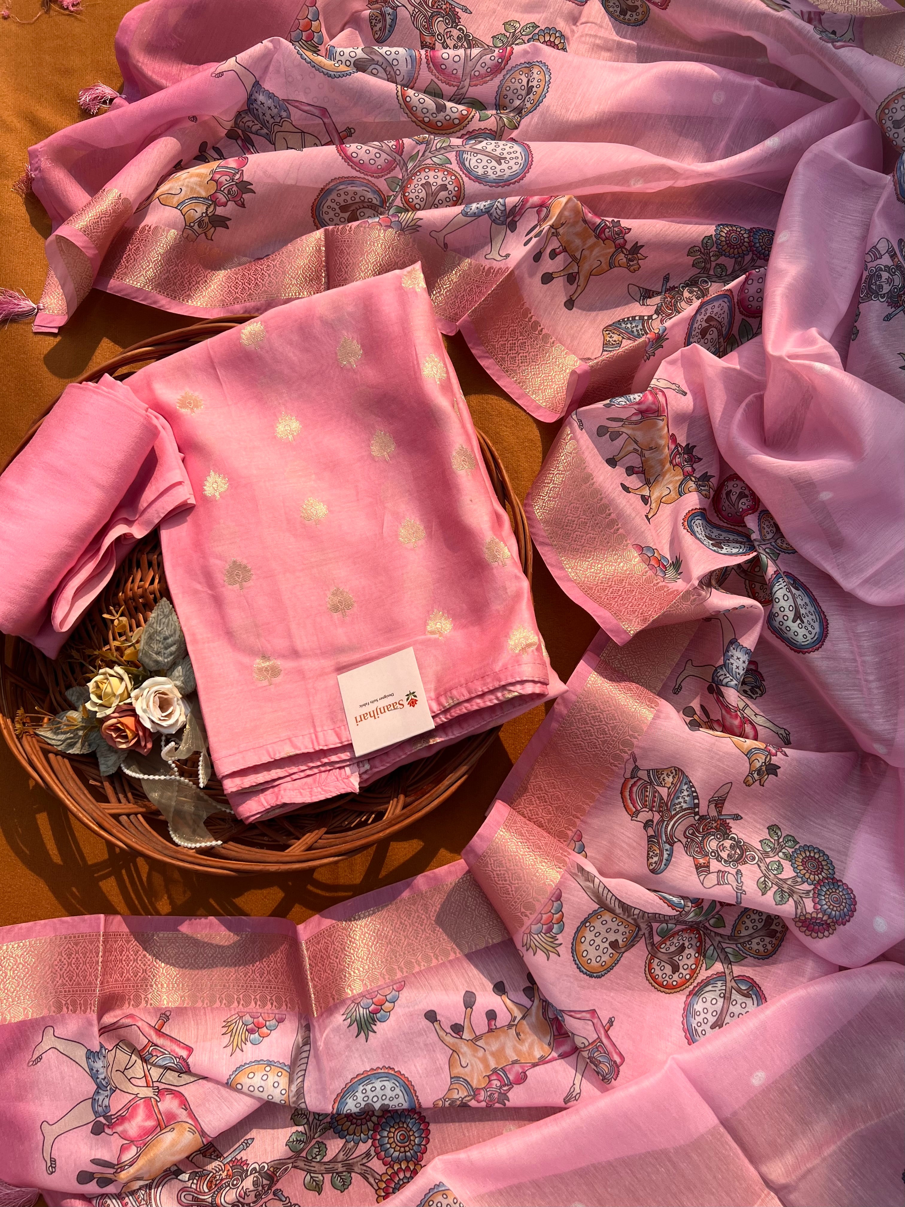 Elegant Pink Chanderi Banarasi Silk Suit Set – Handwoven Zari Motifs & Printed Dupatta