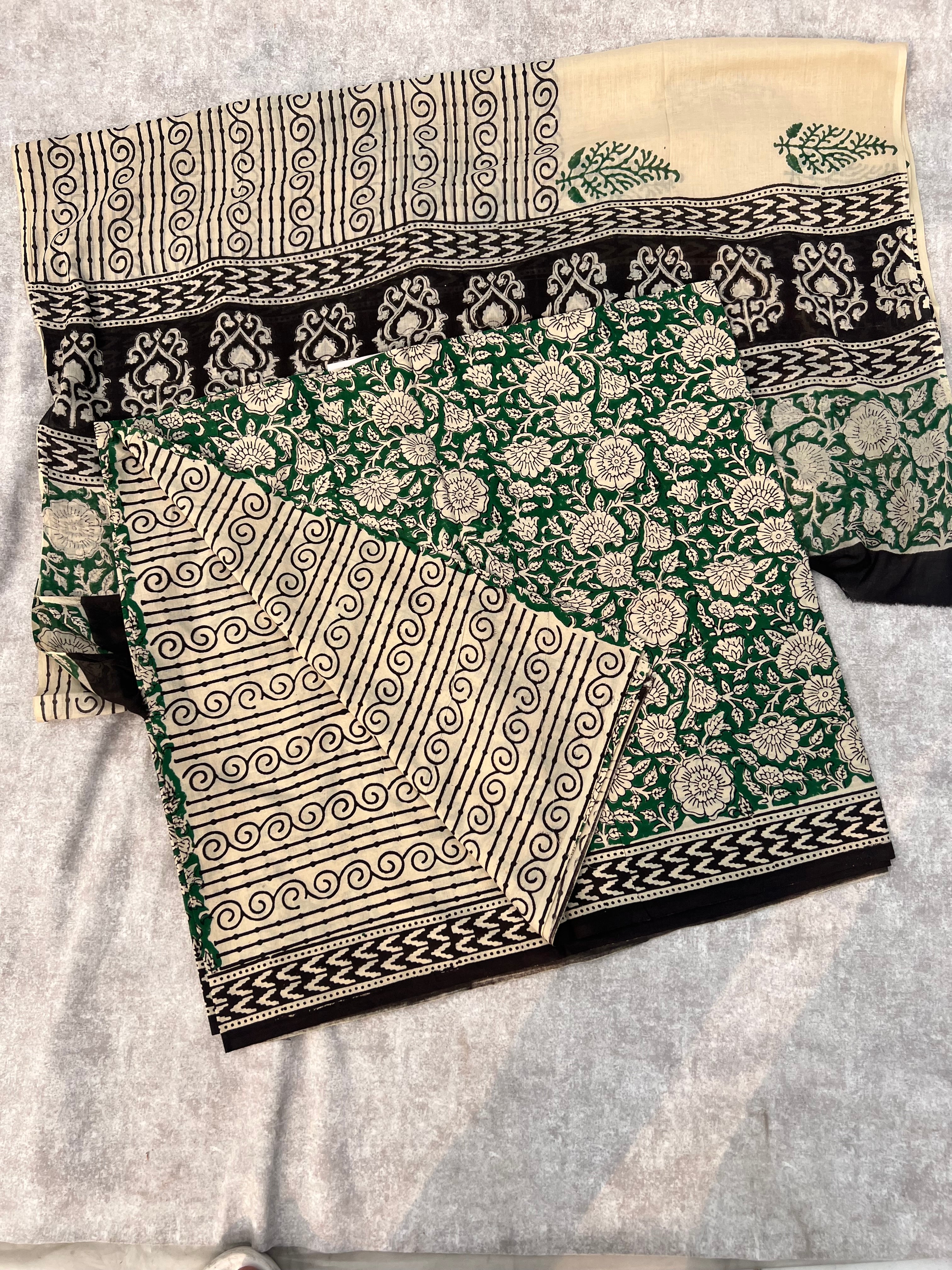 Green Floral Block Print Cotton Dress Material – Unstitched Suit Set with Cotton Dupatta