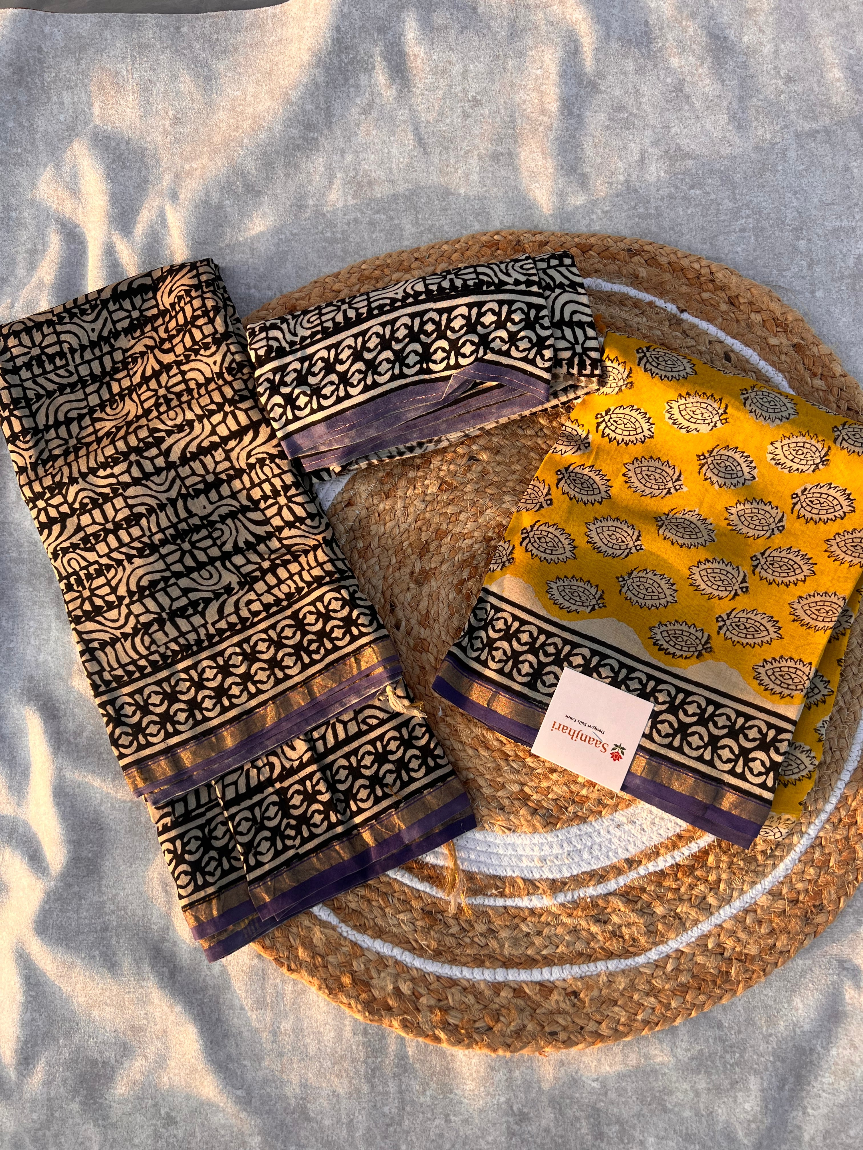 Chanderi Silk Unstitched Suit Set with Mustard & Black Block Print – Festive Ethnic Wear
