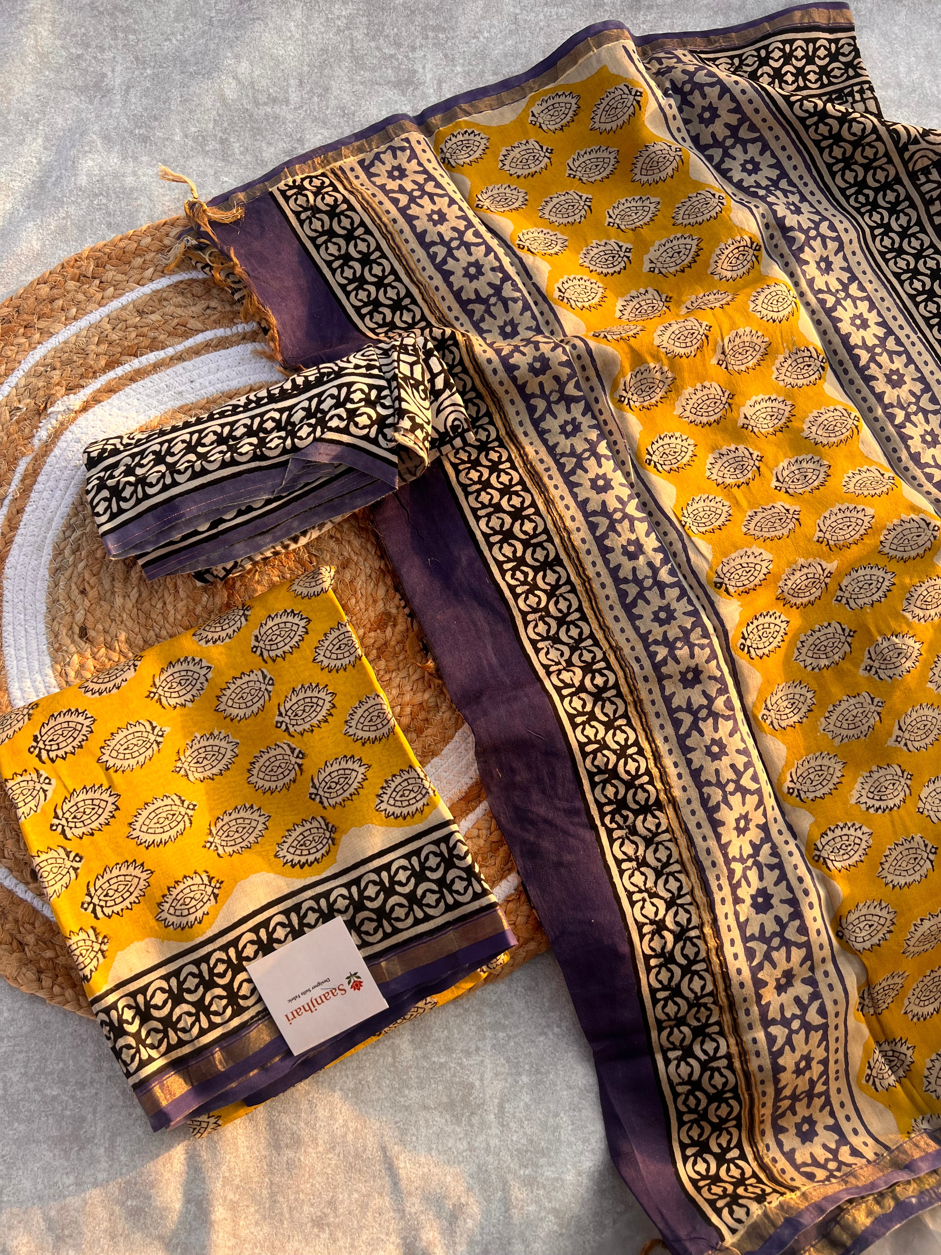 Chanderi Silk Unstitched Suit Set with Mustard & Black Block Print – Festive Ethnic Wear
