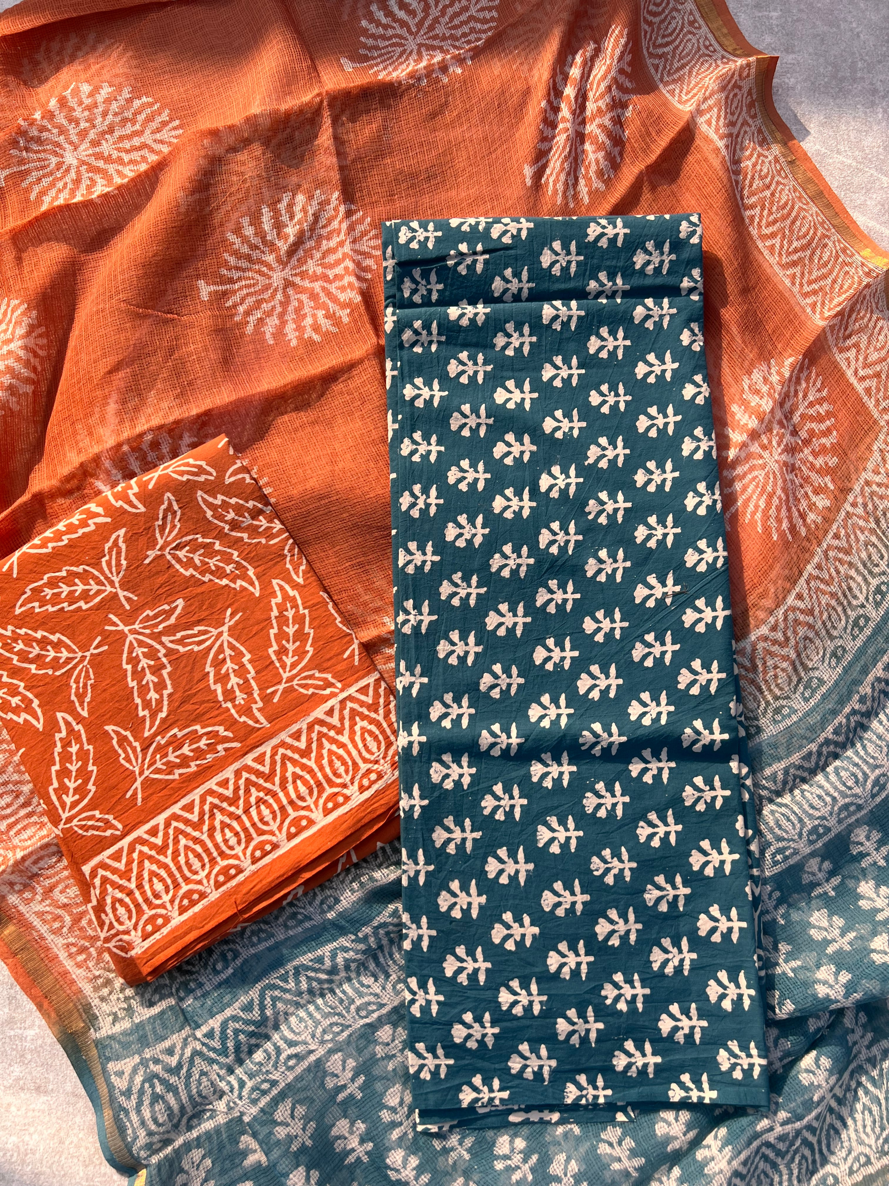 Pure Cotton Unstitched Suit Set with Kota Dupatta – Handcrafted Block Print Design for Everyday Elegance
