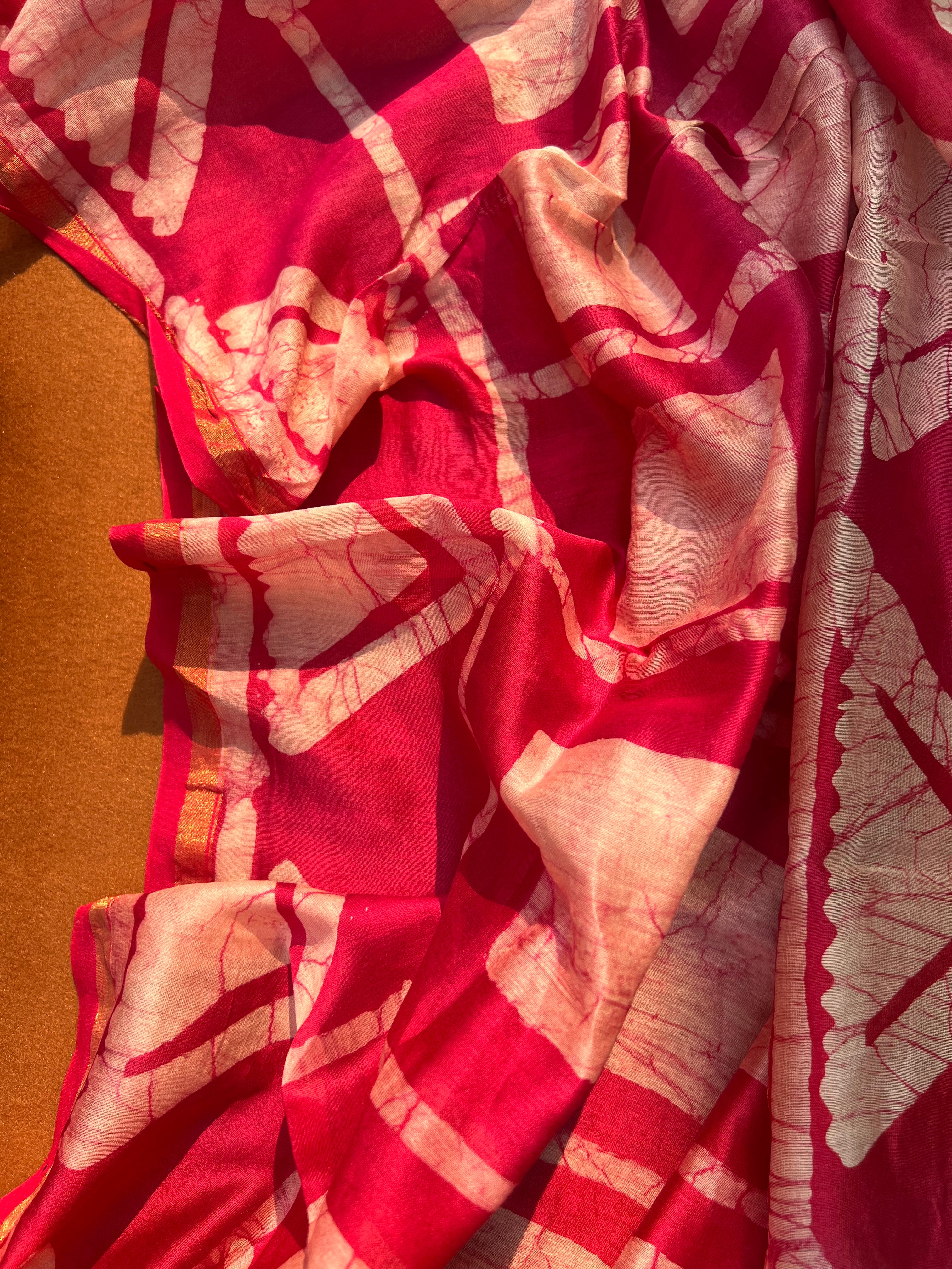 Chanderi Silk Unstitched Suit Set – Red 3-Piece Ensemble with Handcrafted Print & Zari Border Dupatta