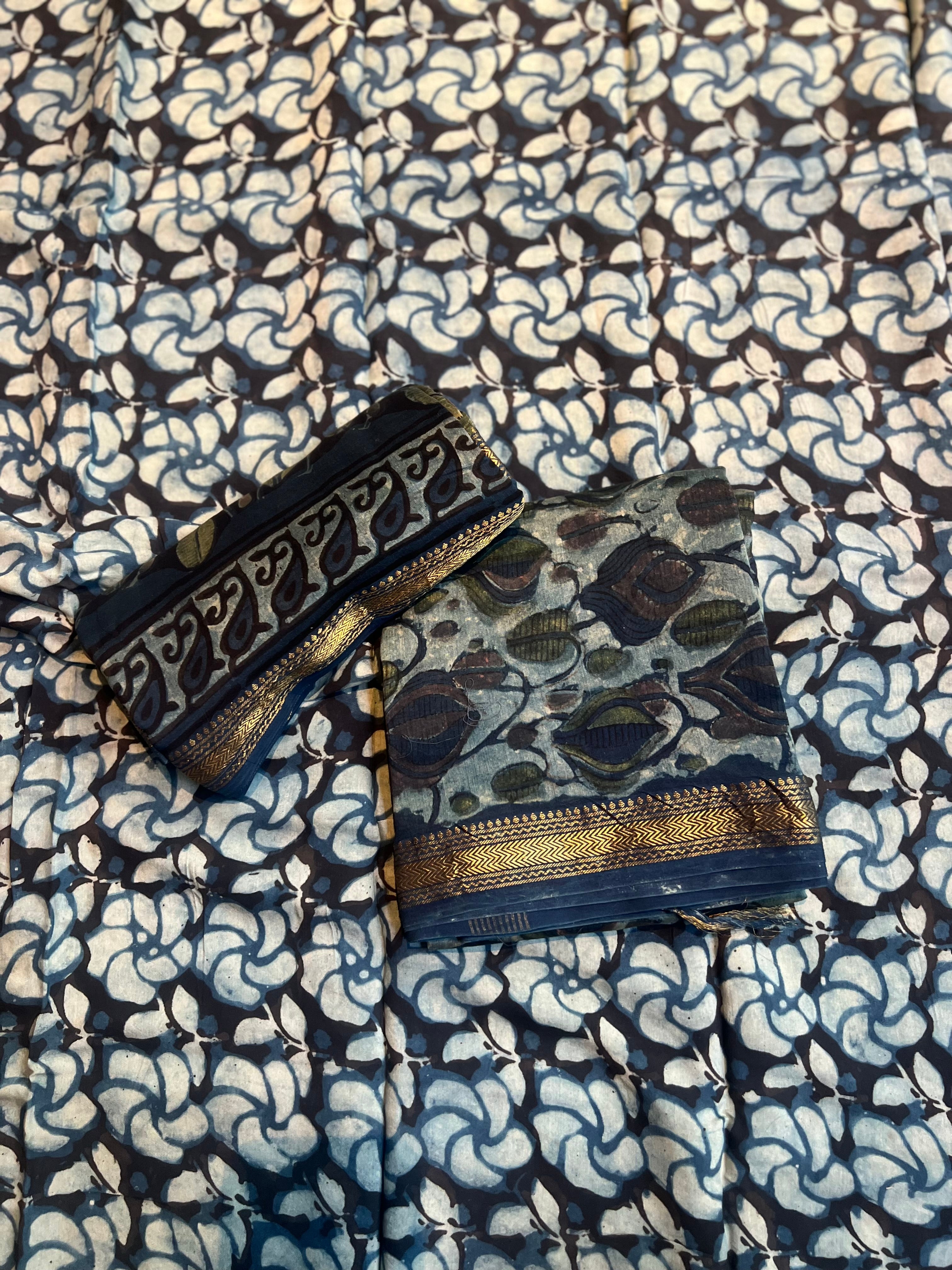 Premium Maheshwari Silk Suit Set with Hand Block Ajrakh Print & Zari Border