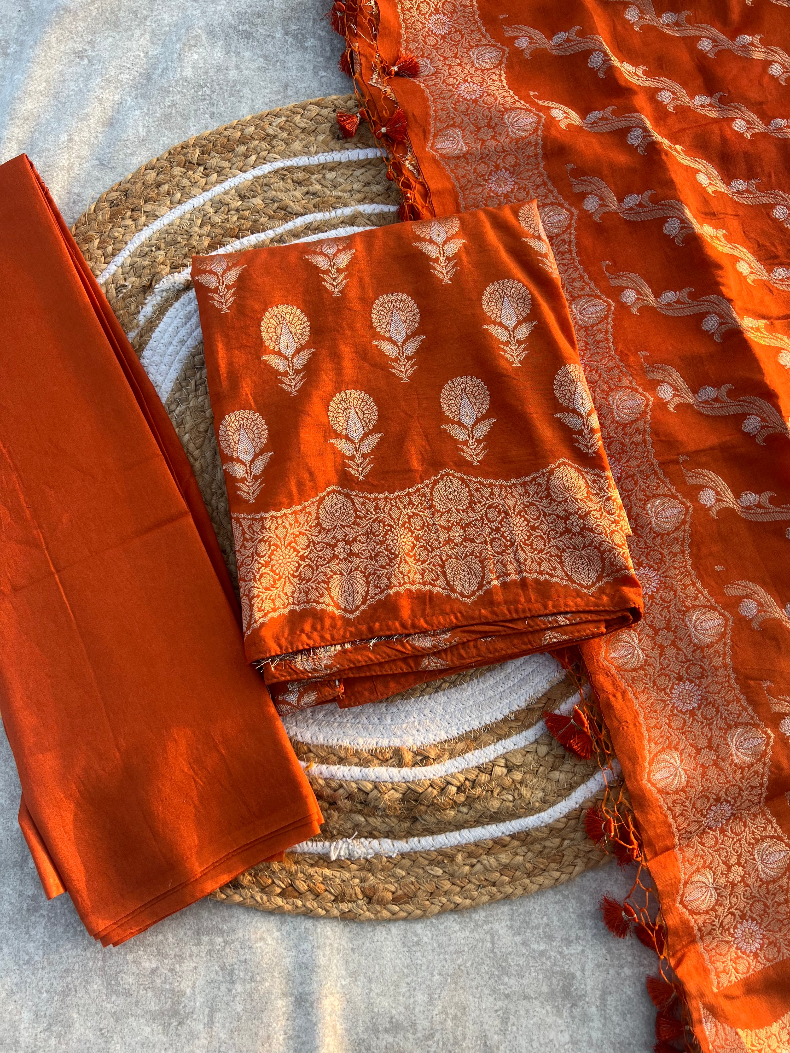Designer Banarasi Silk Unstitched Suit Set – Perfect for Festive & Party Occasions