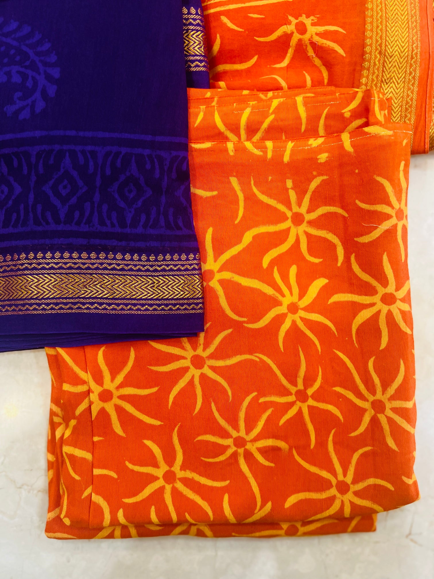Royal Blue Maheshwari Silk Dupatta with Orange Handblock Print Suit Material