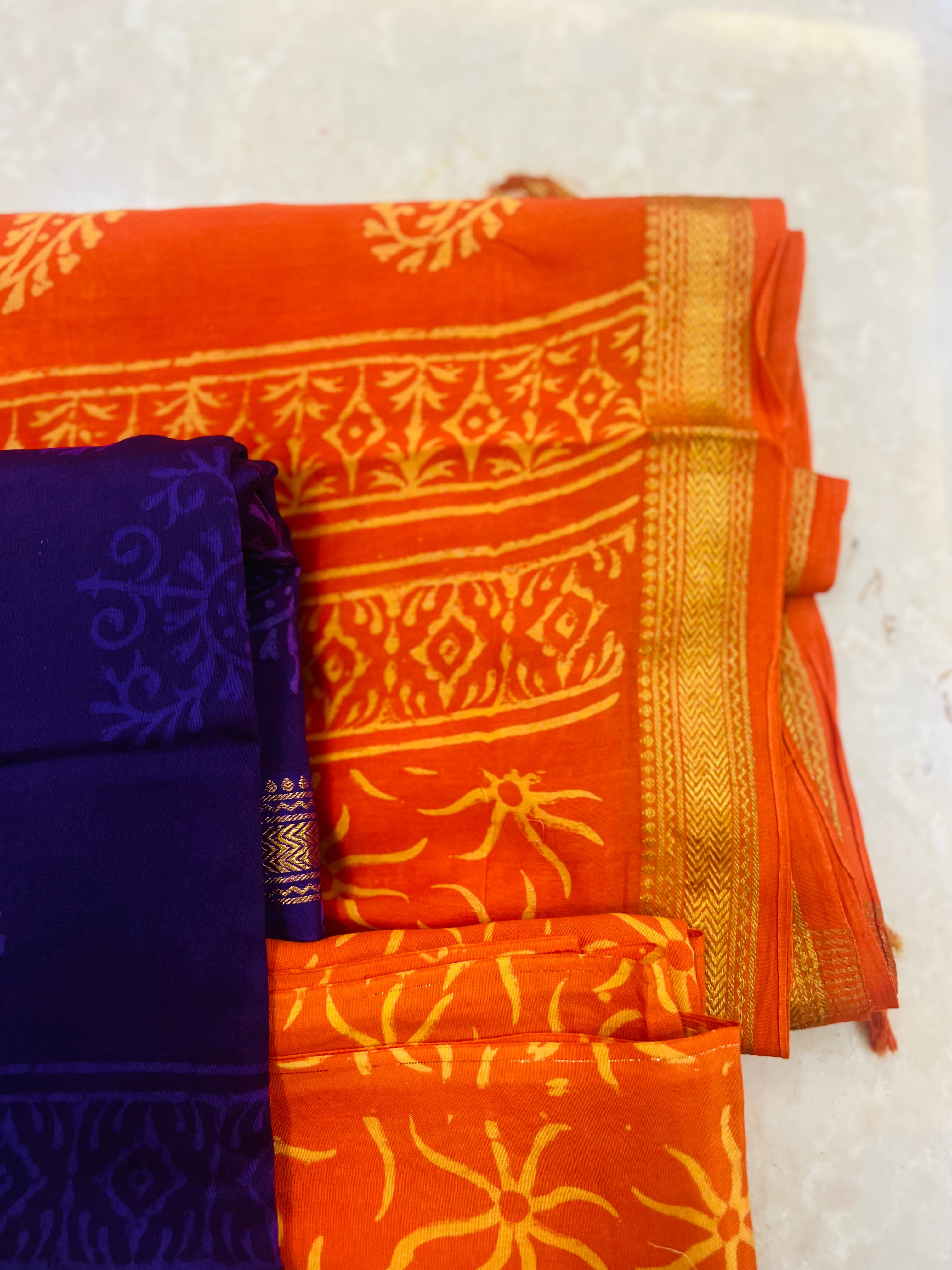 Royal Blue Maheshwari Silk Dupatta with Orange Handblock Print Suit Material