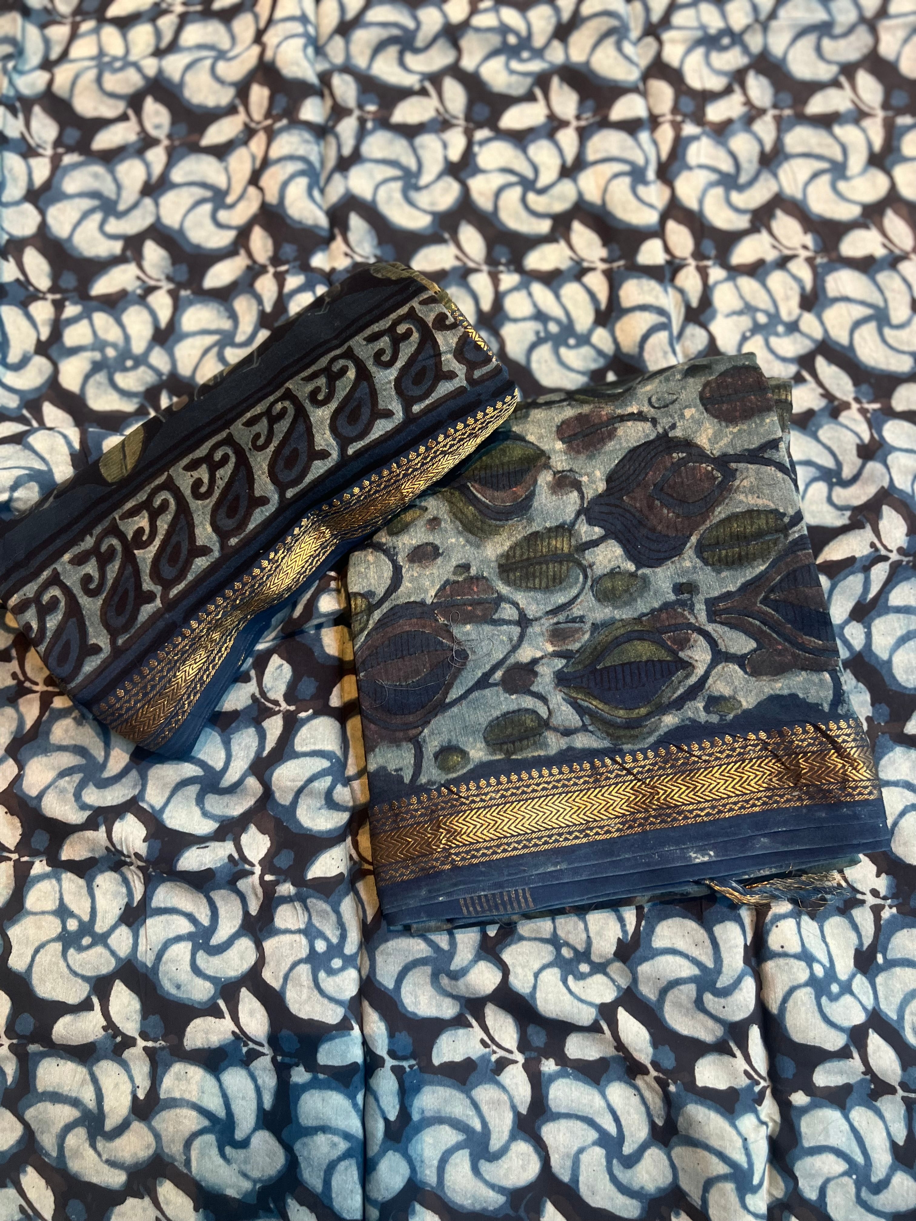 Premium Maheshwari Silk Suit Set with Hand Block Ajrakh Print & Zari Border