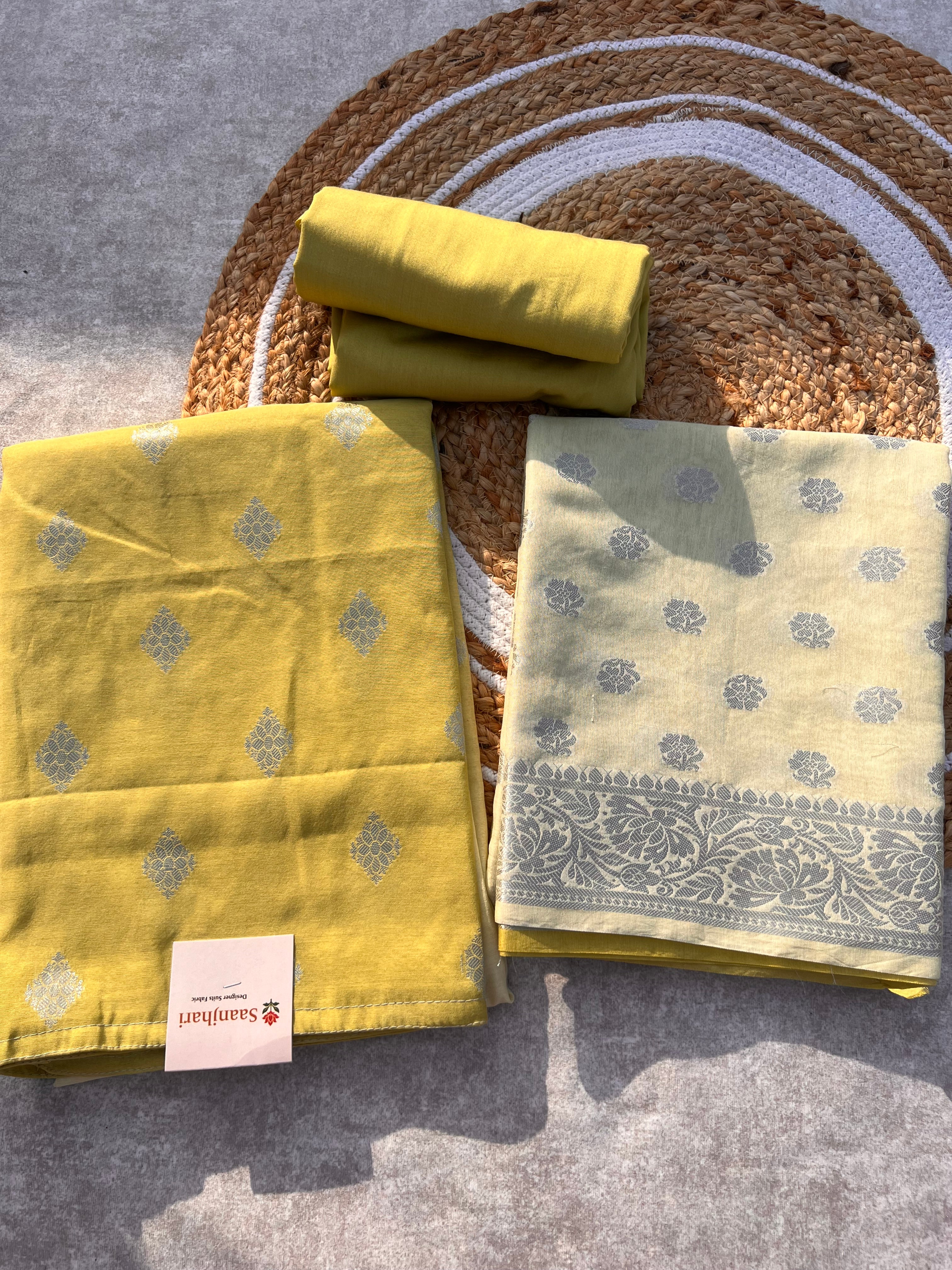 Banarasi Silk Unstitched Suit Set with Zari Dupatta – Elegant Festive Wear for Women