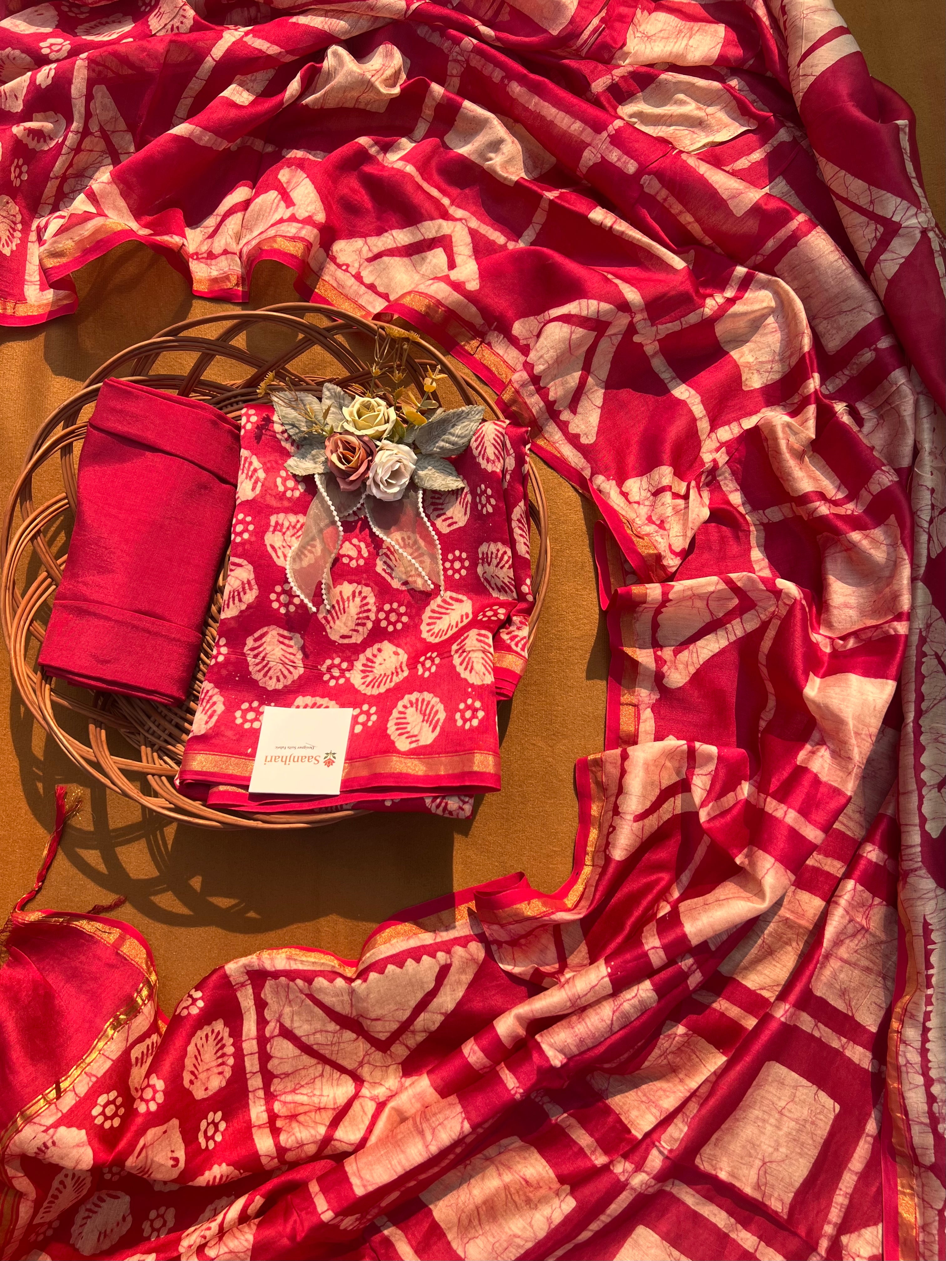 Chanderi Silk Unstitched Suit Set – Red 3-Piece Ensemble with Handcrafted Print & Zari Border Dupatta