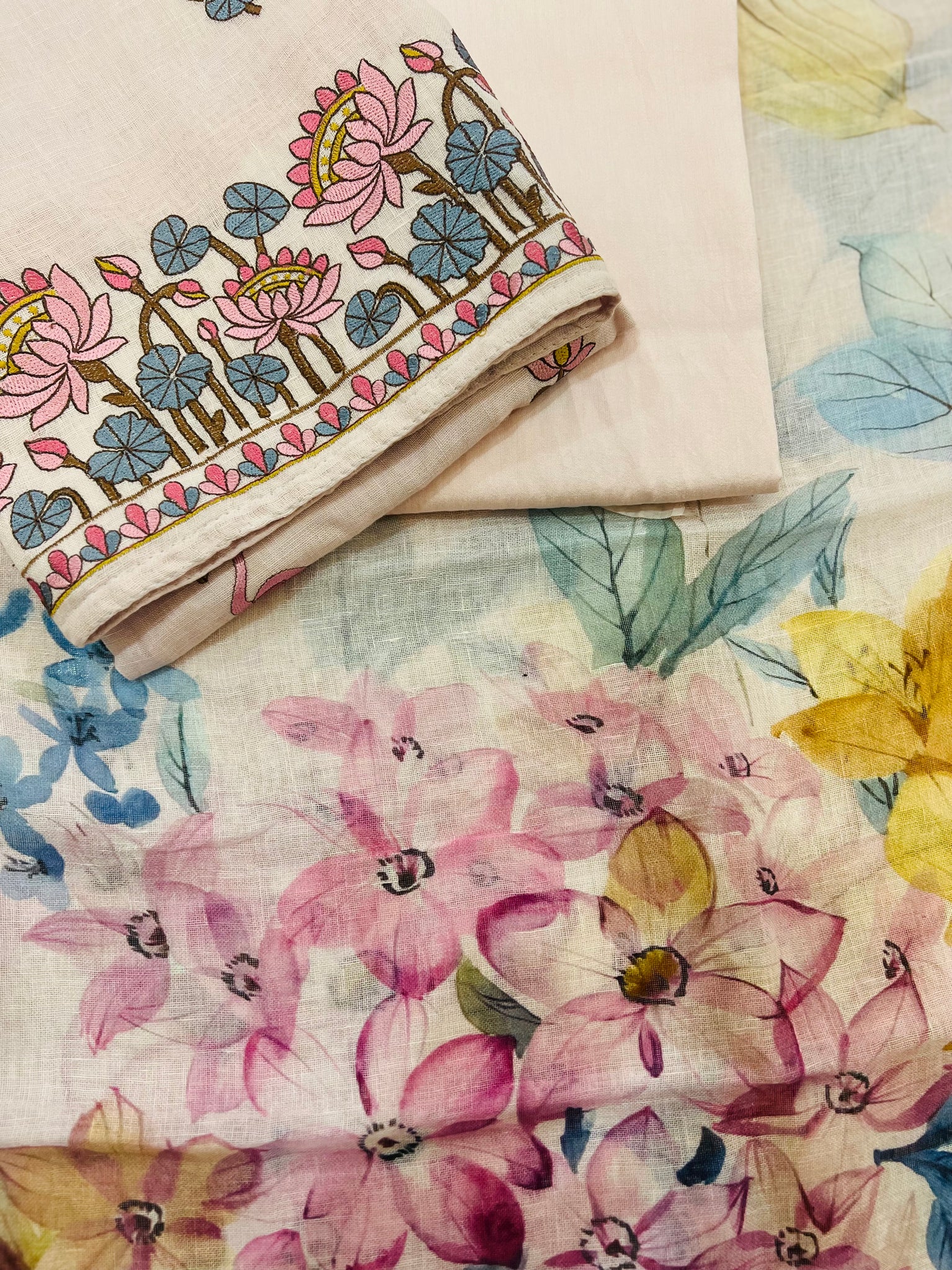 Linen Cotton Embroidered Unstitched Suit – Elegant Floral & Bird Design