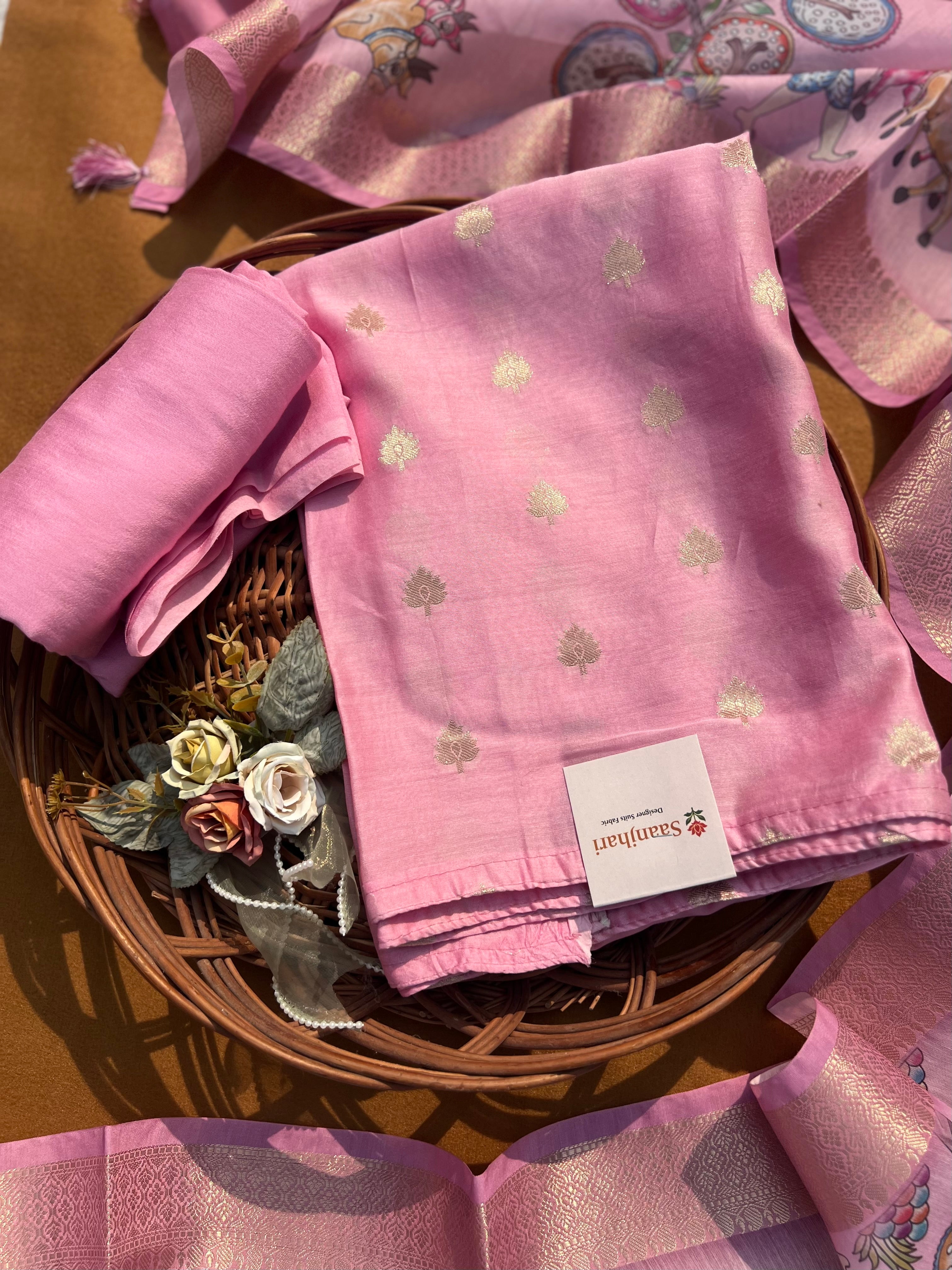 Elegant Pink Chanderi Banarasi Silk Suit Set – Handwoven Zari Motifs & Printed Dupatta