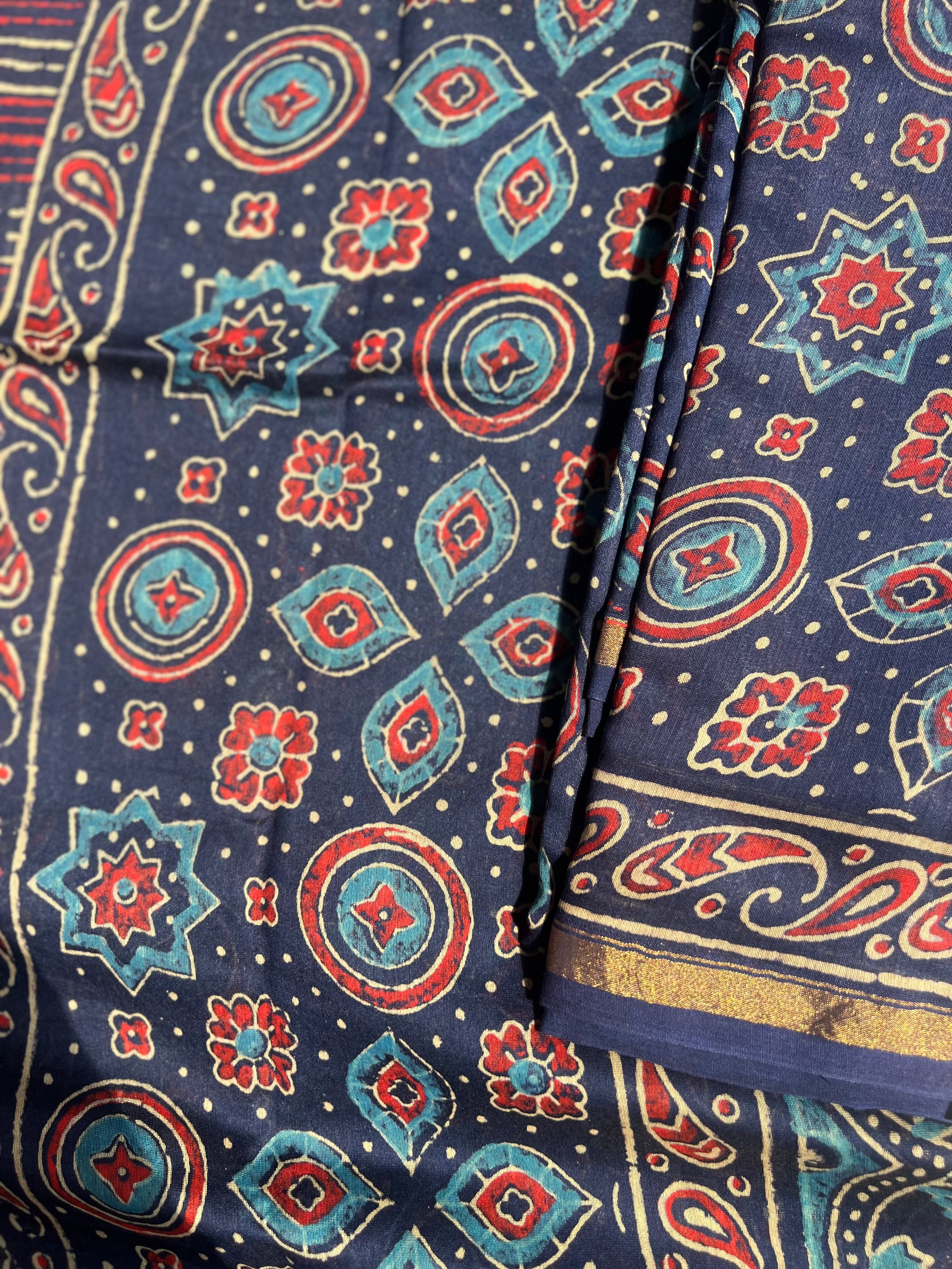 Chanderi Silk Unstitched Suit Set with Ajrakh Print – Elegant Ethnic Wear for Festive & Occasional Looks