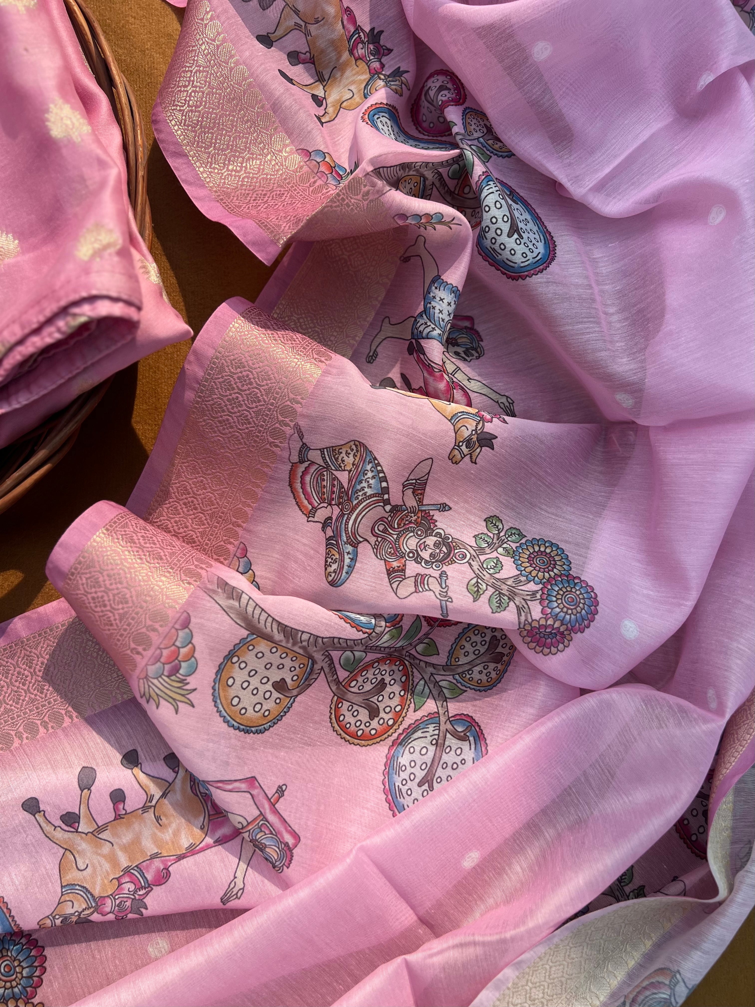 Elegant Pink Chanderi Banarasi Silk Suit Set – Handwoven Zari Motifs & Printed Dupatta