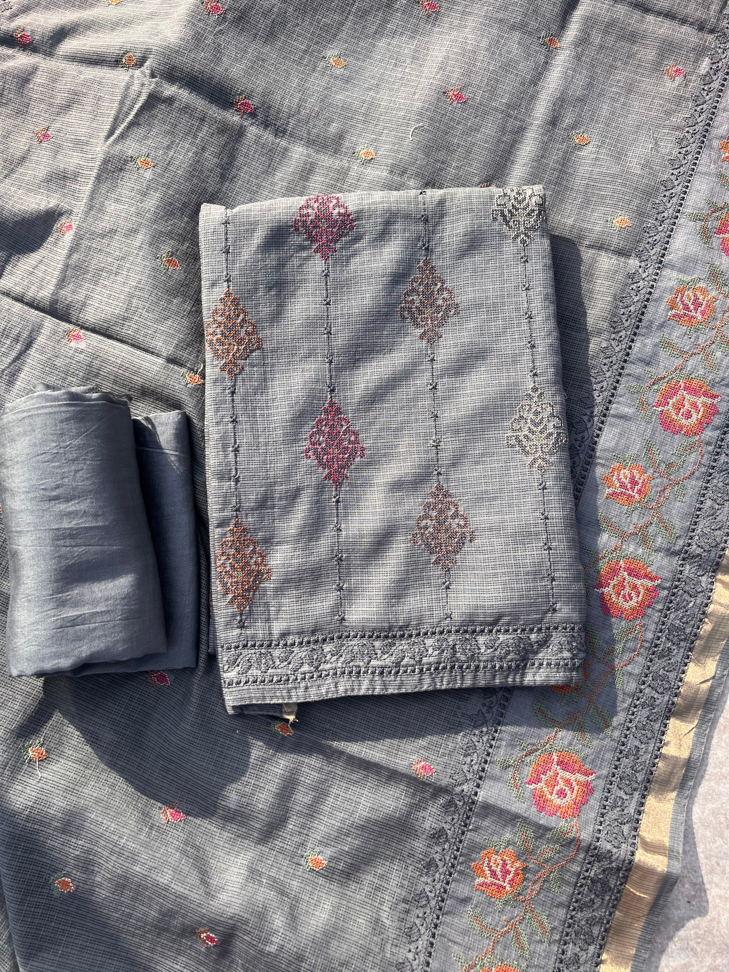 Kota Banarasi Silk Unstitched Suit Set with Woven Dupatta – Elegant Festive & Wedding Wear for Women