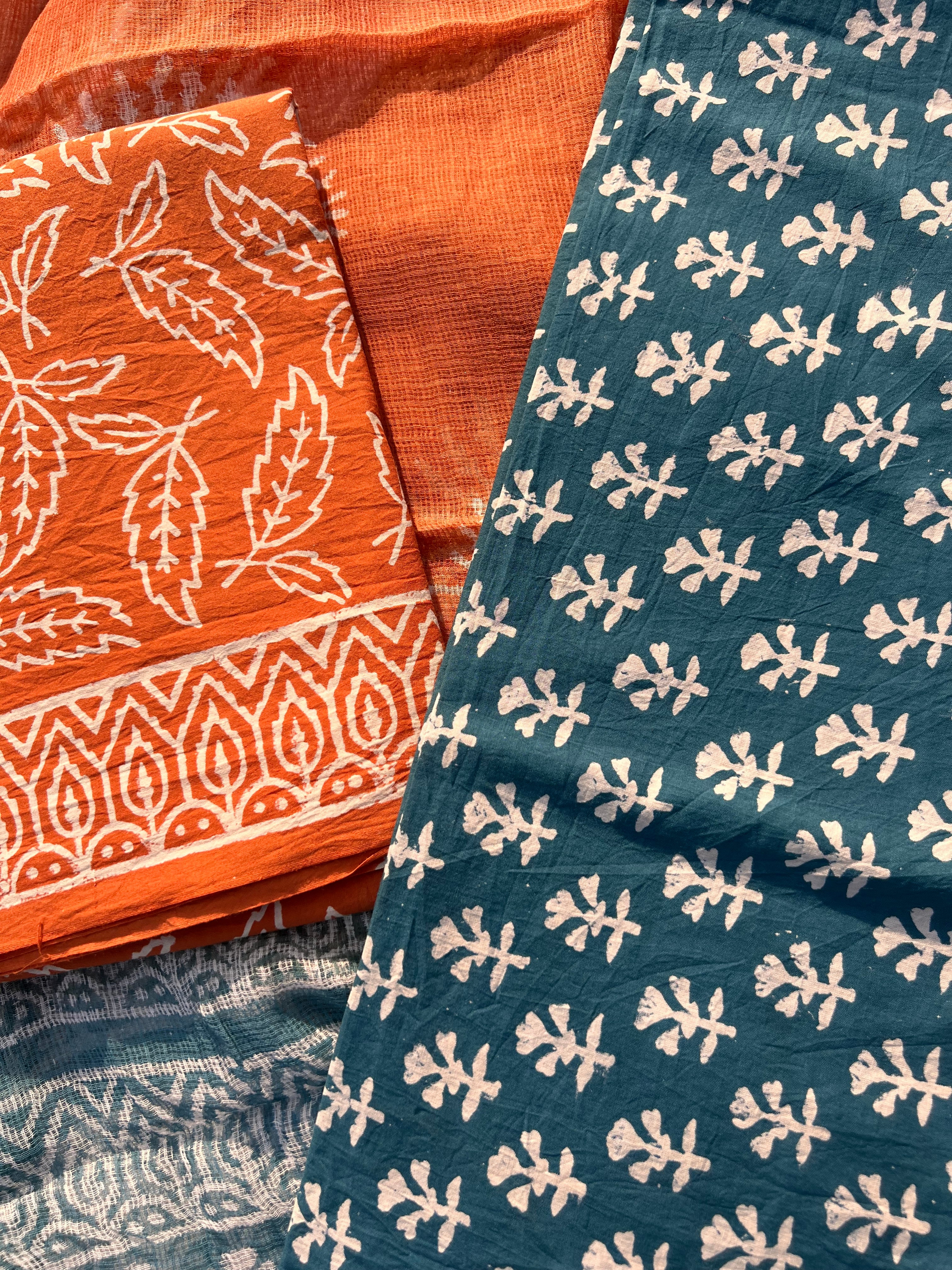 Pure Cotton Unstitched Suit Set with Kota Dupatta – Handcrafted Block Print Design for Everyday Elegance