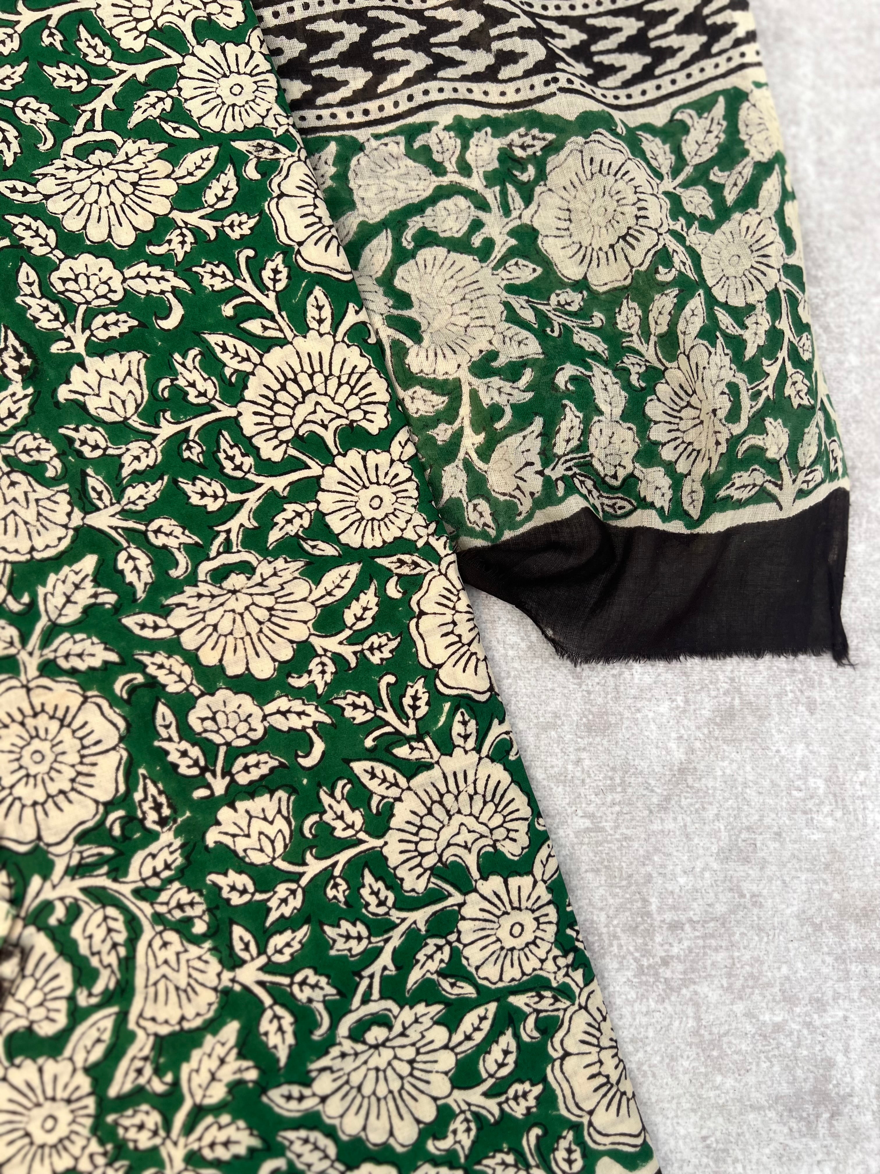 Green Floral Block Print Cotton Dress Material – Unstitched Suit Set with Cotton Dupatta