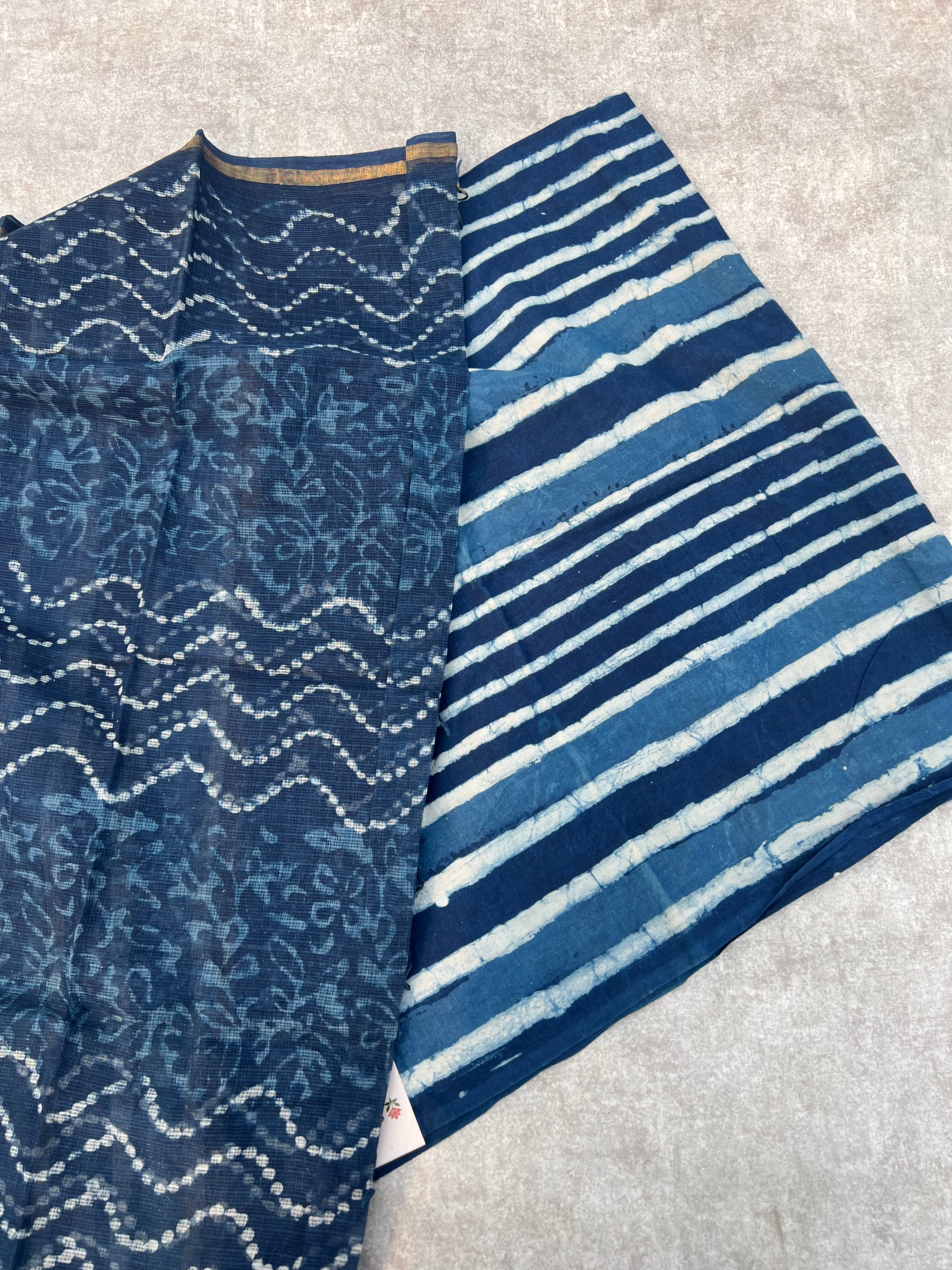 Indigo Hand Block Printed Pure Cotton Unstitched Suit Set with Kota Doria Dupatta