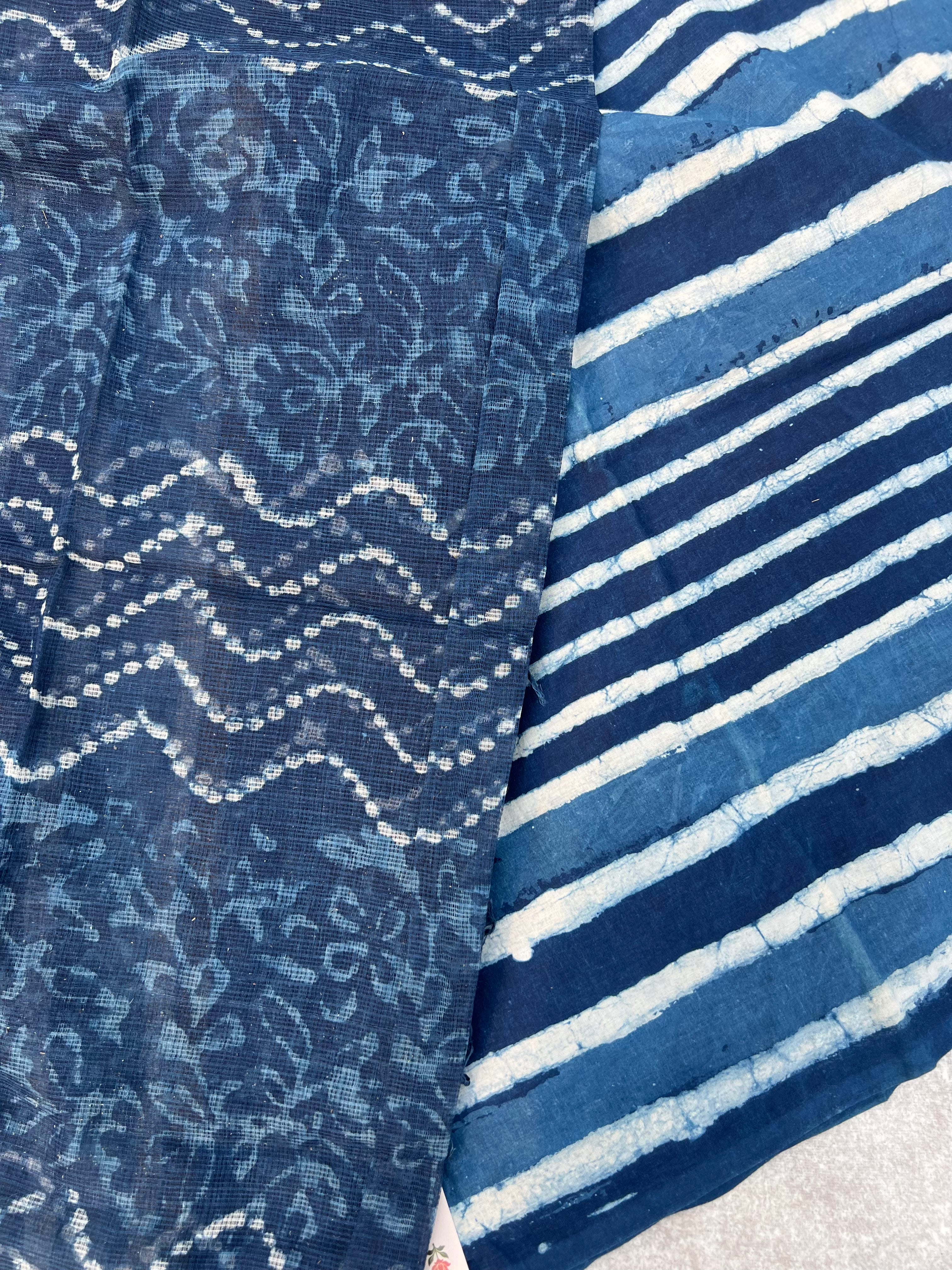Indigo Hand Block Printed Pure Cotton Unstitched Suit Set with Kota Doria Dupatta