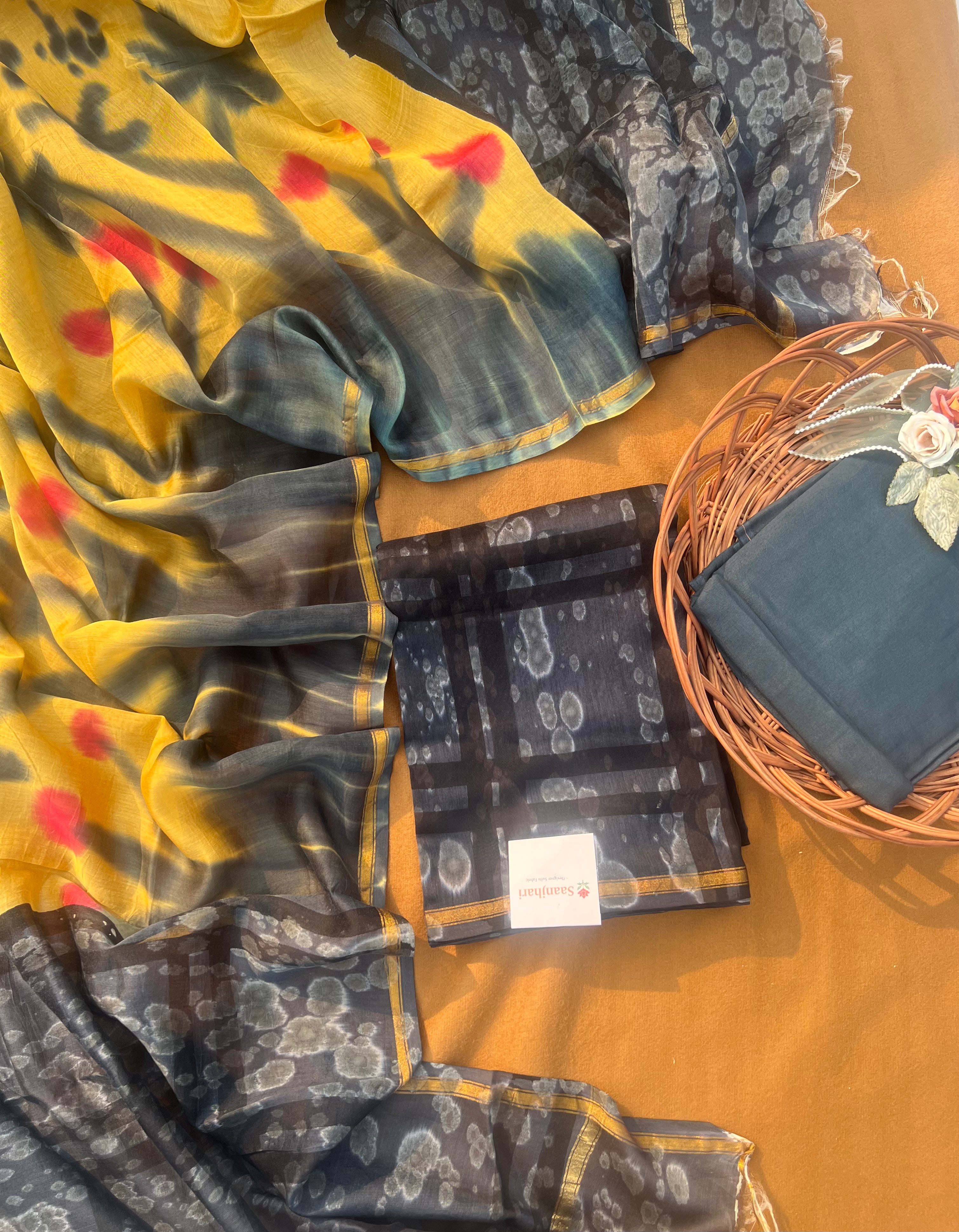 Chanderi Silk Unstitched Suit Set with Chanderi Dupatta – Yellow & Indigo Tie-Dye Design