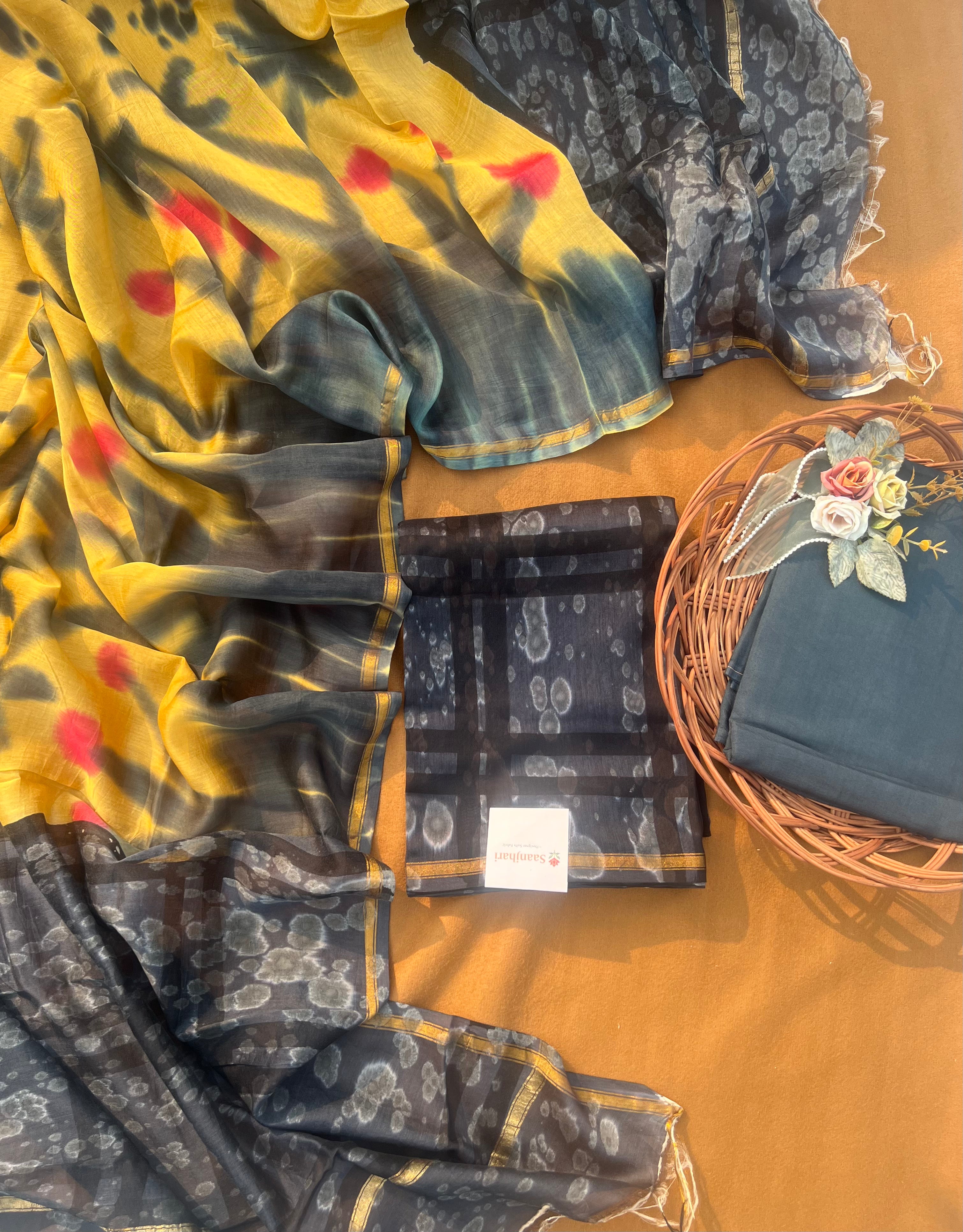 Chanderi Silk Unstitched Suit Set with Chanderi Dupatta – Yellow & Indigo Tie-Dye Design