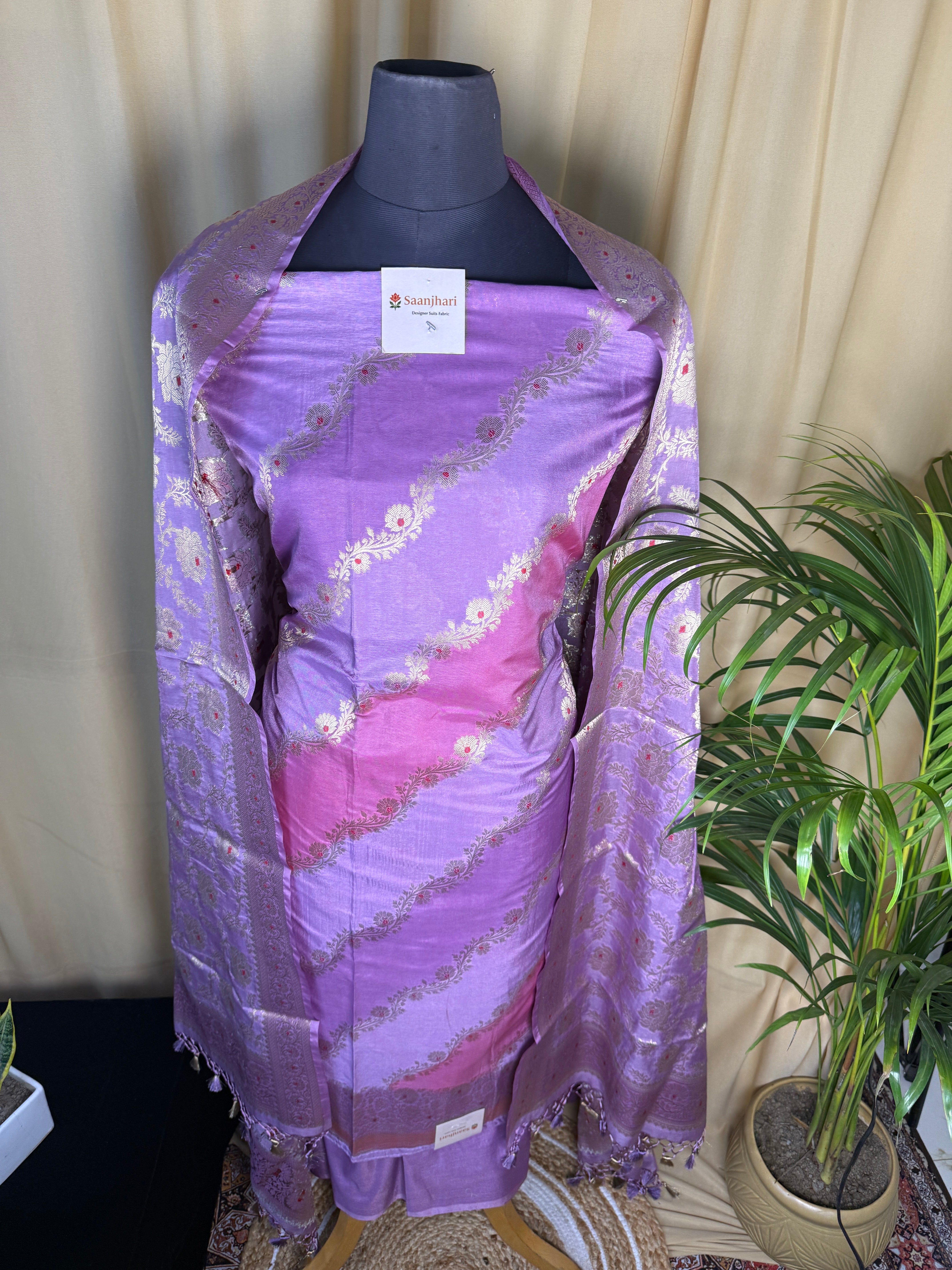 Lavender Banarasi Silk Suit with Fine Zari Floral Pattern and Matching Dupatta