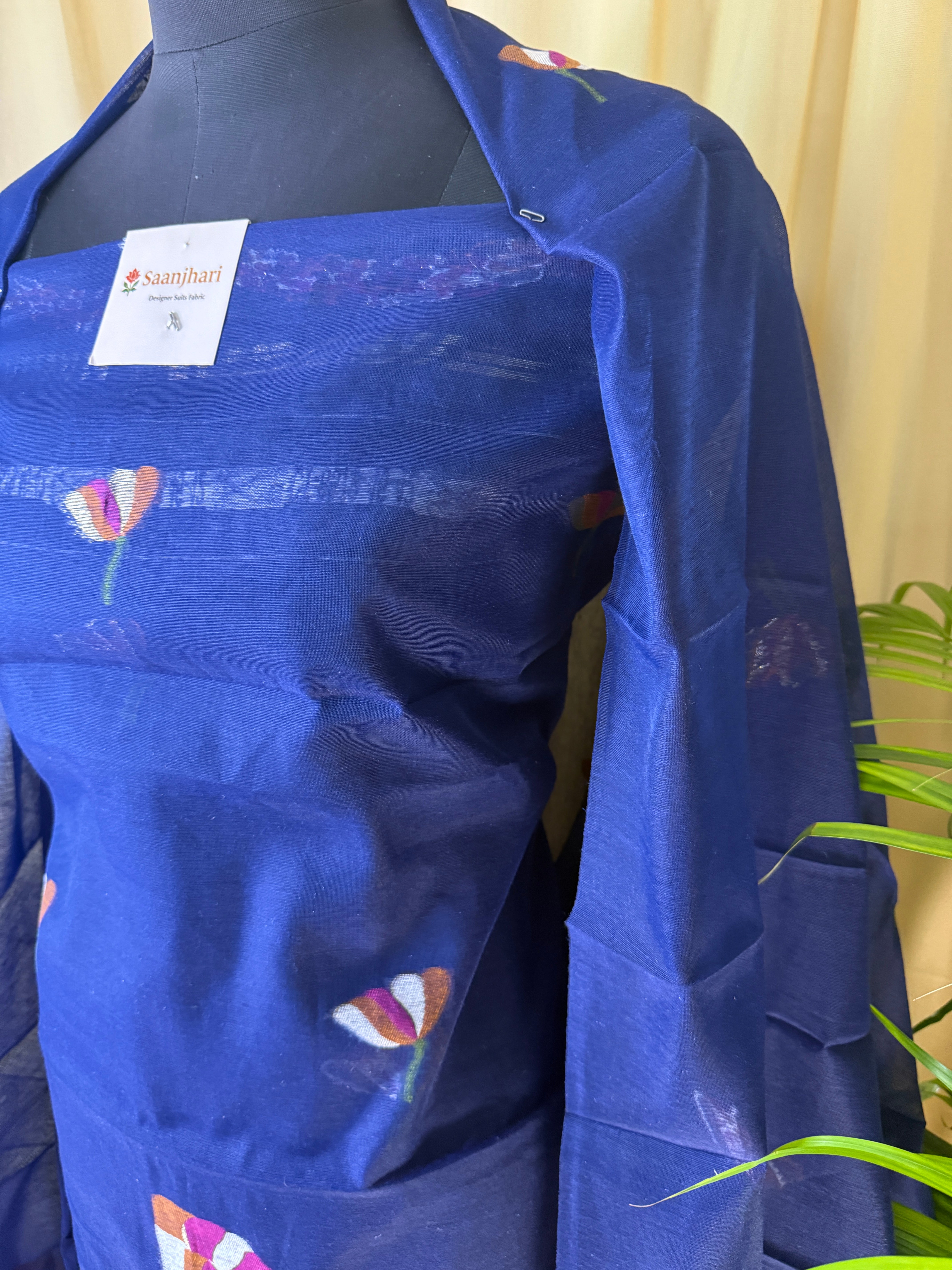 Royal Blue Linen Cotton Suit with Floral Thread Work and Matching Dupatta