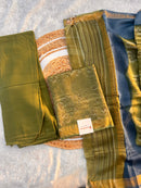 Pure Maheshwari Silk Dress Material – Unstitched Suit Set in Olive Green & Blue Shades