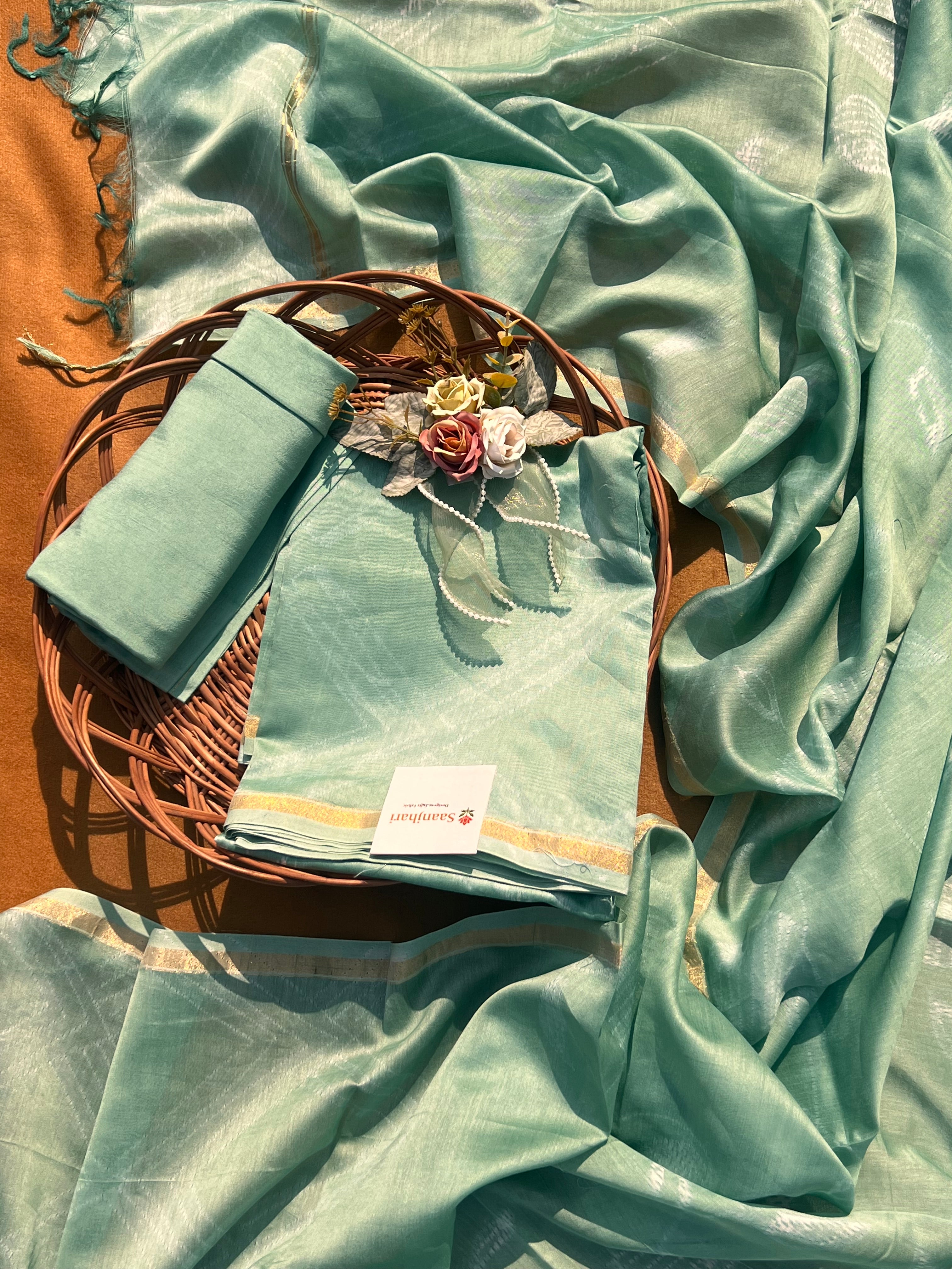 Mint Green 3-Piece Ensemble with Zari Border Dupatta