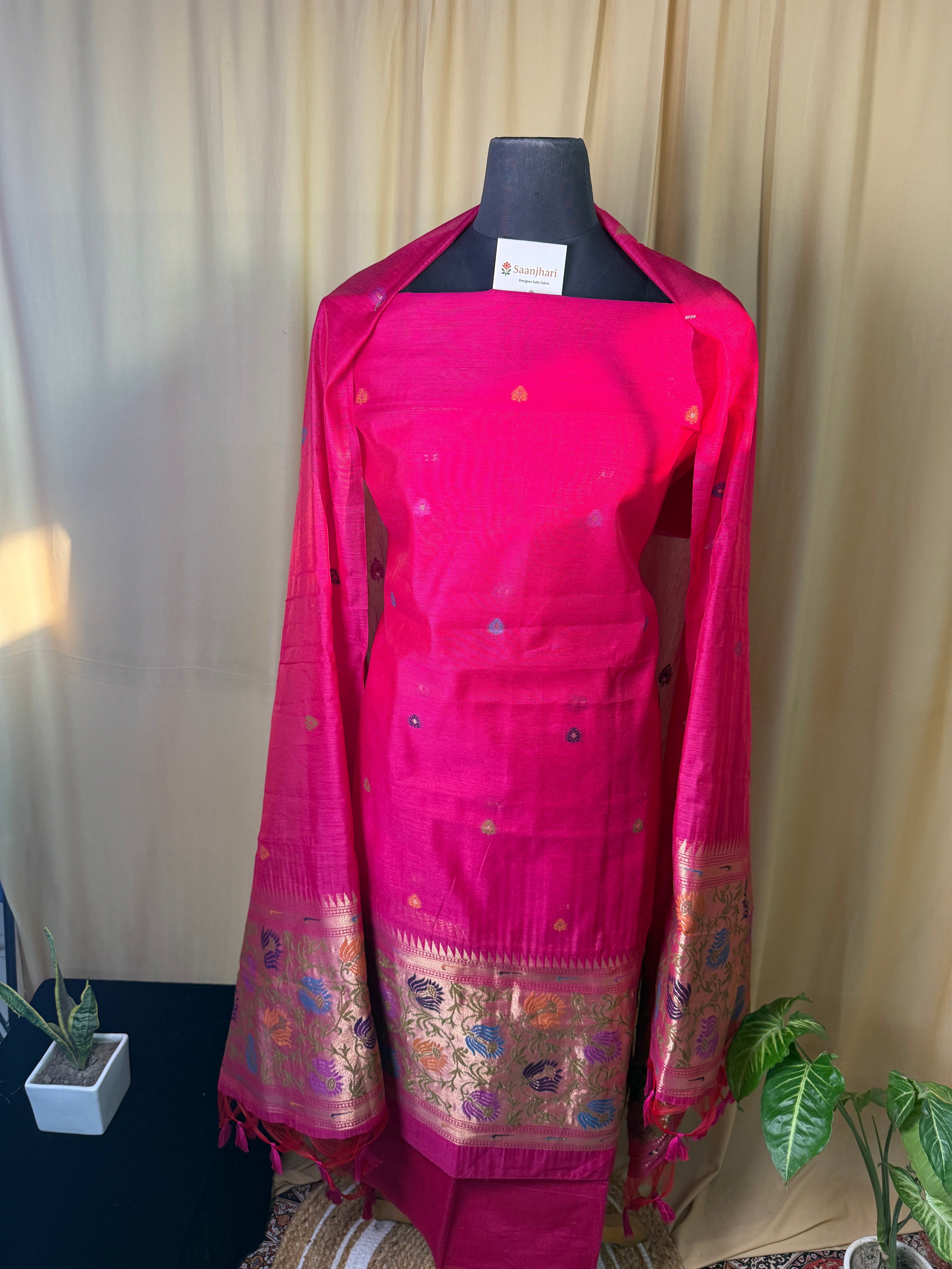 Pink Linen Cotton Ethnic Suit Material with Designer Border Dupatta