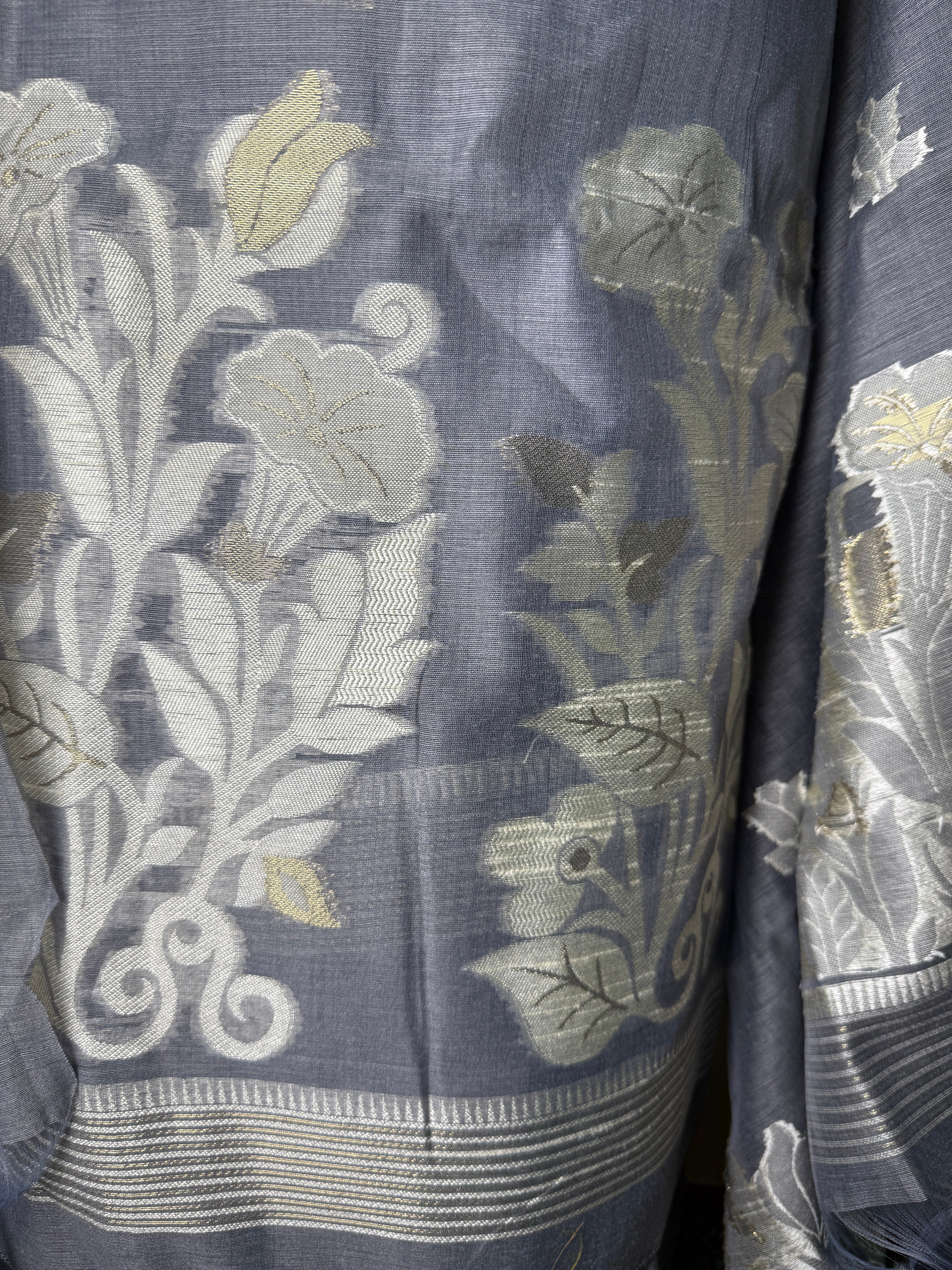 Soft Grey Linen Cotton Suit with Jamdani Floral Dupatta – Minimal & Elegant Ethnic Set