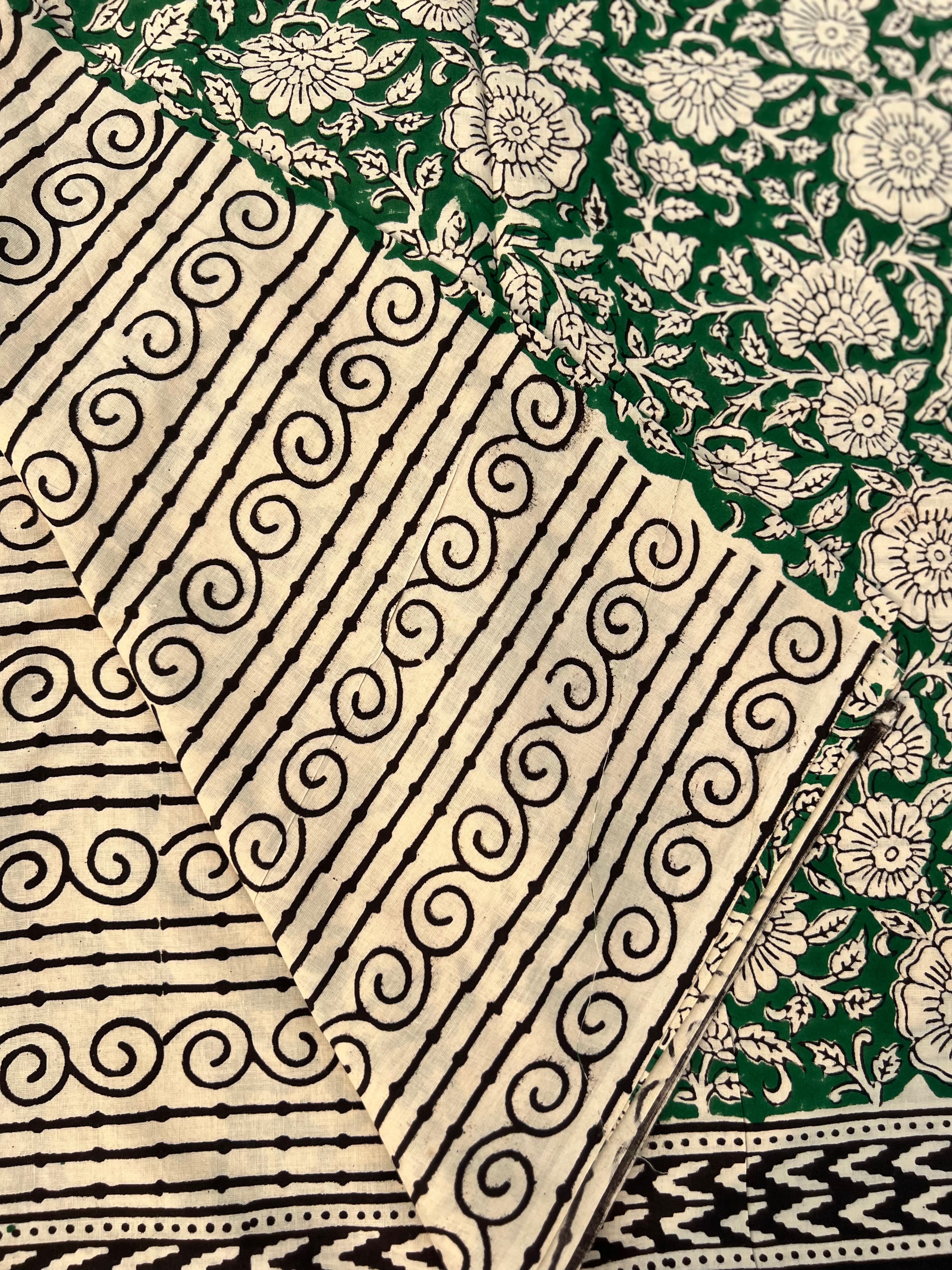 Green Floral Block Print Cotton Dress Material – Unstitched Suit Set with Cotton Dupatta